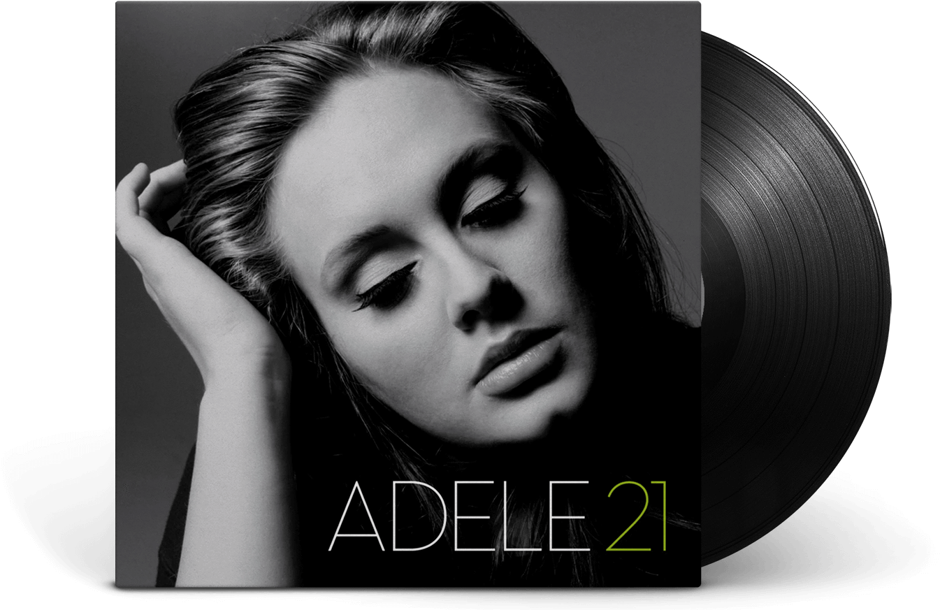 Adele 桌布 壁紙 — Adele 黑白照片，閉上眼睛，手放在頭上，旁邊是專輯《21》的黑膠唱片封面。
