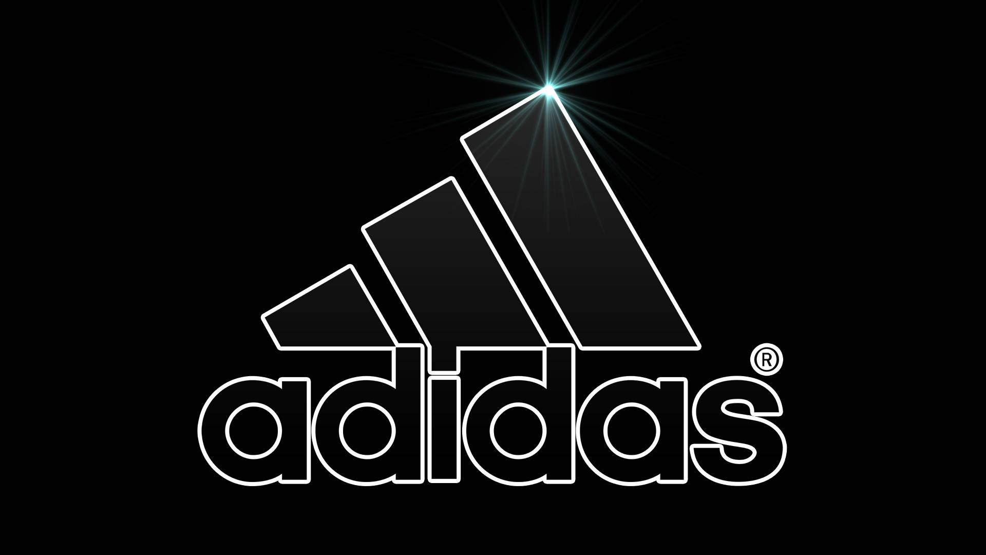 愛迪達 桌布 壁紙 — Adidas 標誌在純黑色背景上發出明亮的星爆效果。