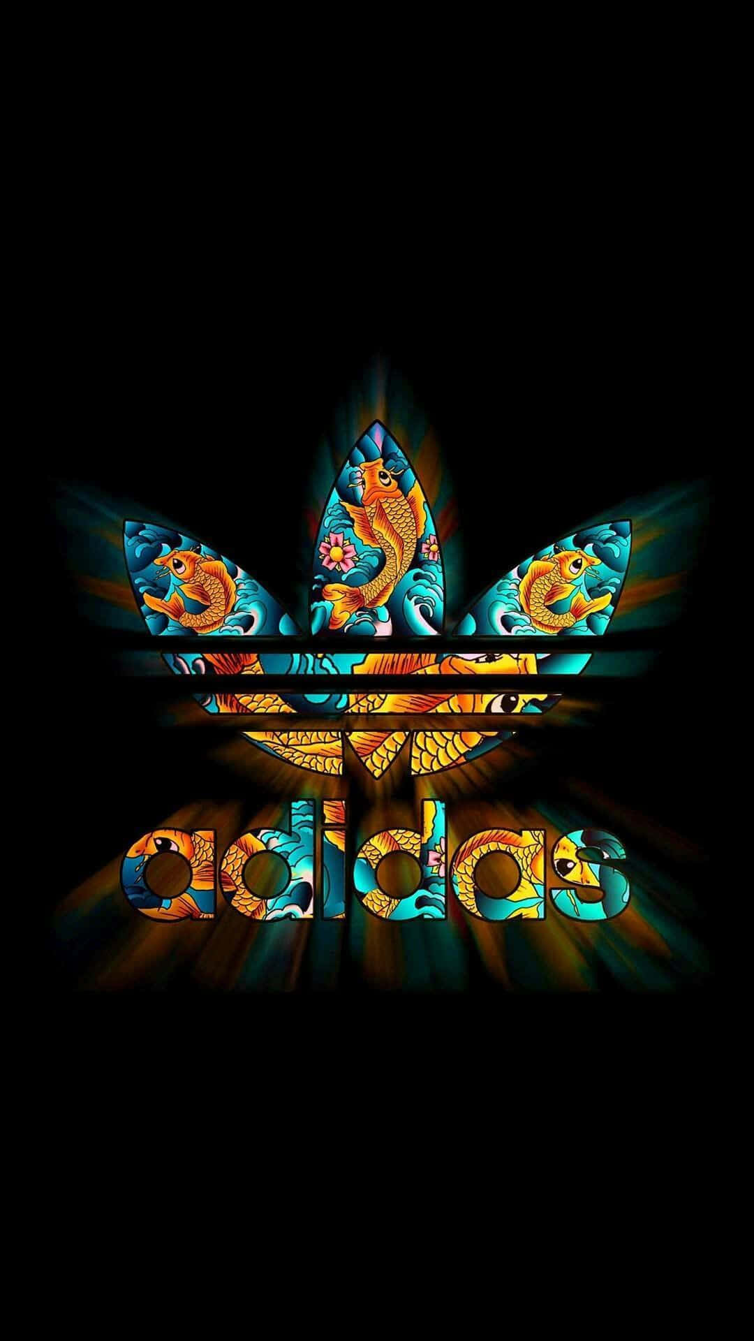 Dope Ps4 桌布 壁紙 — Adidas 標誌轉化為充滿活力的彩色玻璃，帶有錦鯉和花卉圖案，在黑色背景上發光。