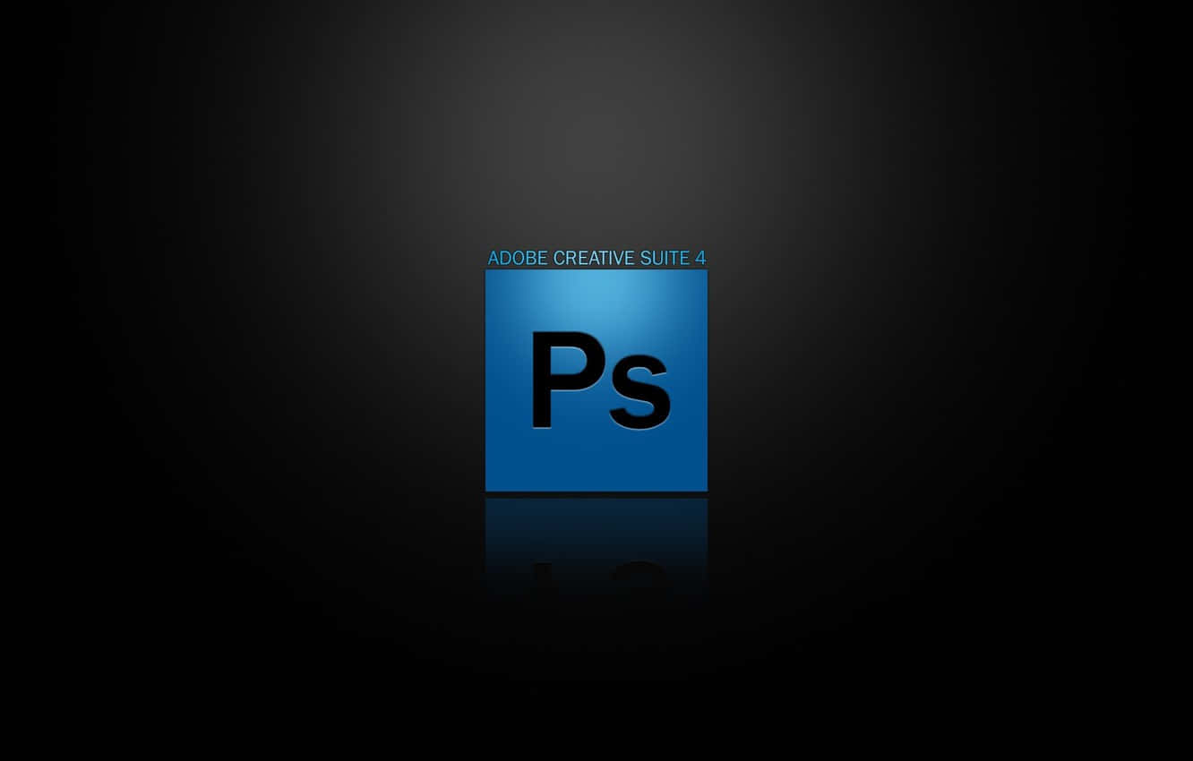 photoshop 桌布 壁紙 — Adobe Creative Suite 4 標誌，藍色正方形和黑色 Ps 字母居中於深色漸變背景上，帶有反射效果。