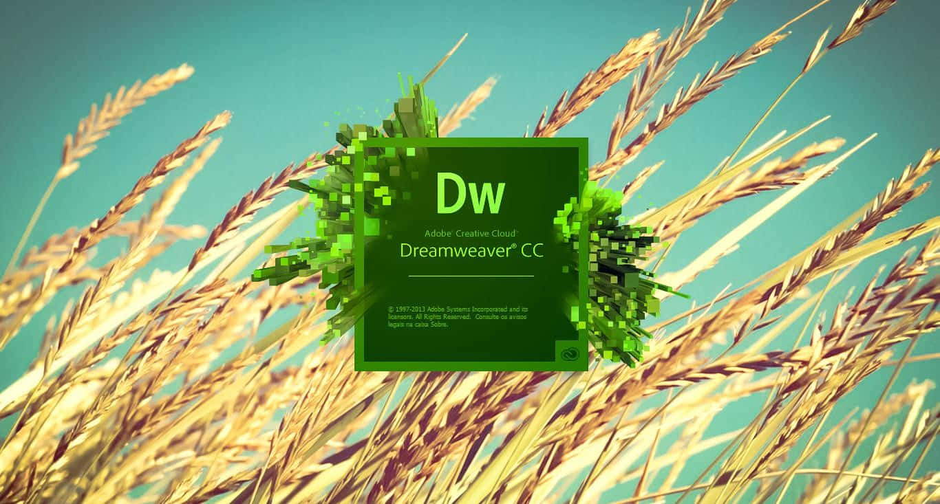 Dreamweaver 桌布 壁紙 — Adobe Dreamweaver CC 標誌從像素化的綠色葉片中浮現，背景是青綠色天空下的金色麥田。