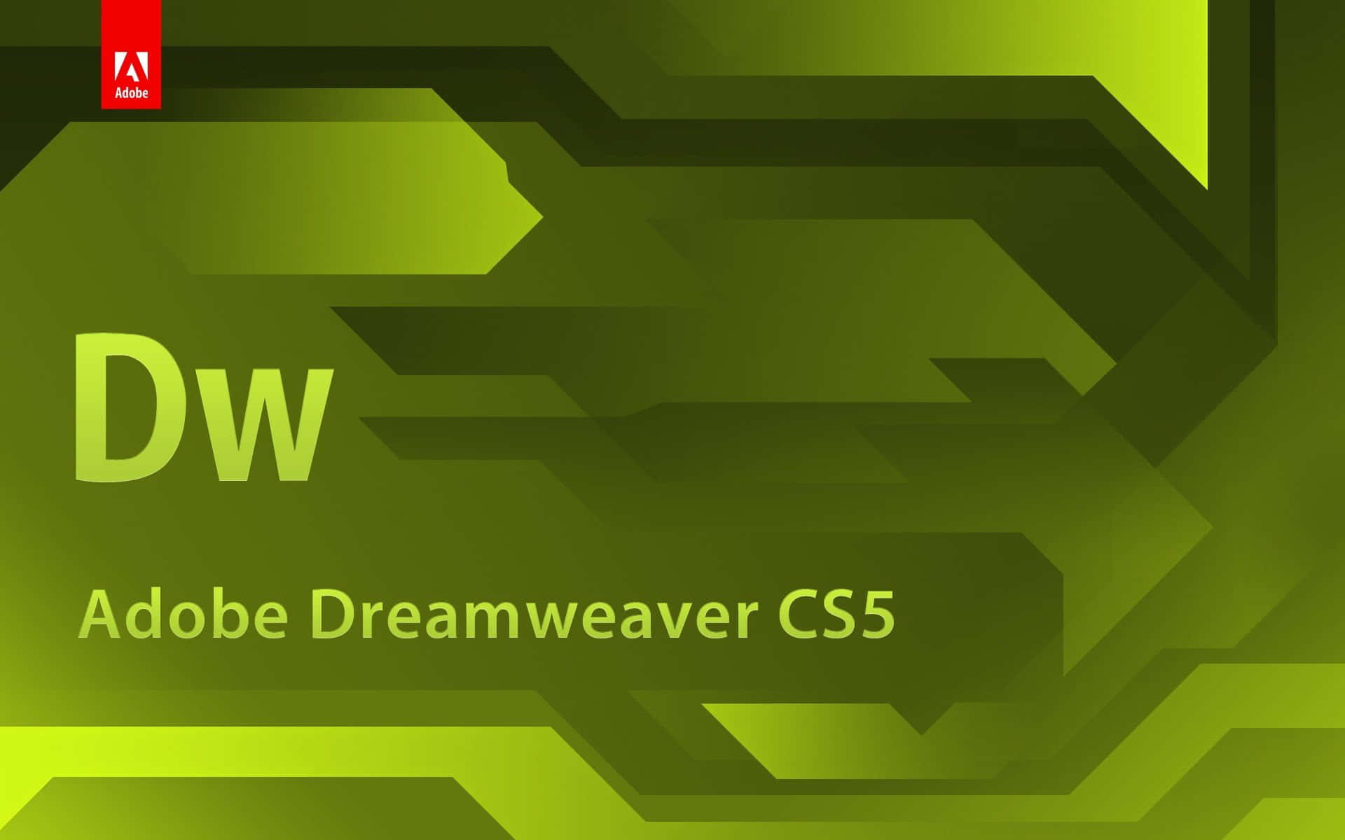 Dreamweaver 桌布 壁紙 — Adobe Dreamweaver CS5 標誌以萊姆綠色顯示，帶有抽象幾何電路圖案，背景為漸層色。