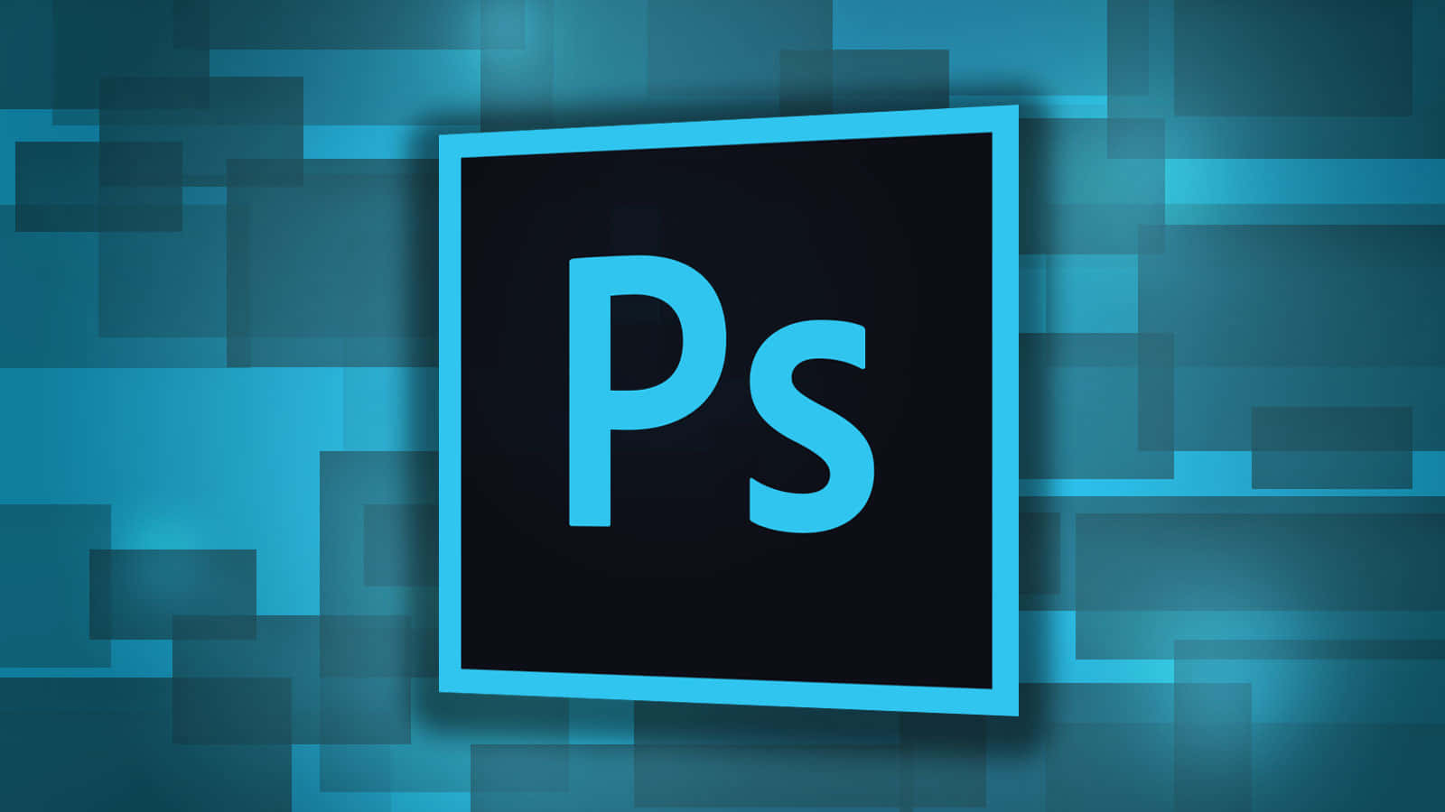 photoshop 桌布 壁紙 — Adobe Photoshop 標誌居中於藍色幾何像素背景上，帶有發光青色點綴。