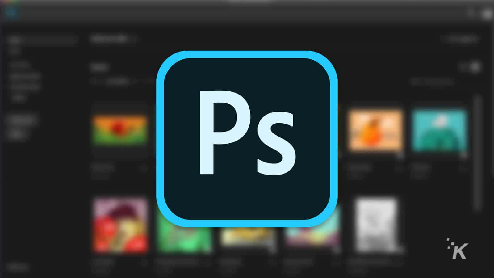 標誌 桌布 壁紙 — Adobe Photoshop 標誌以亮藍色輪廓居中顯示，背景為模糊的深色介面及縮圖預覽。