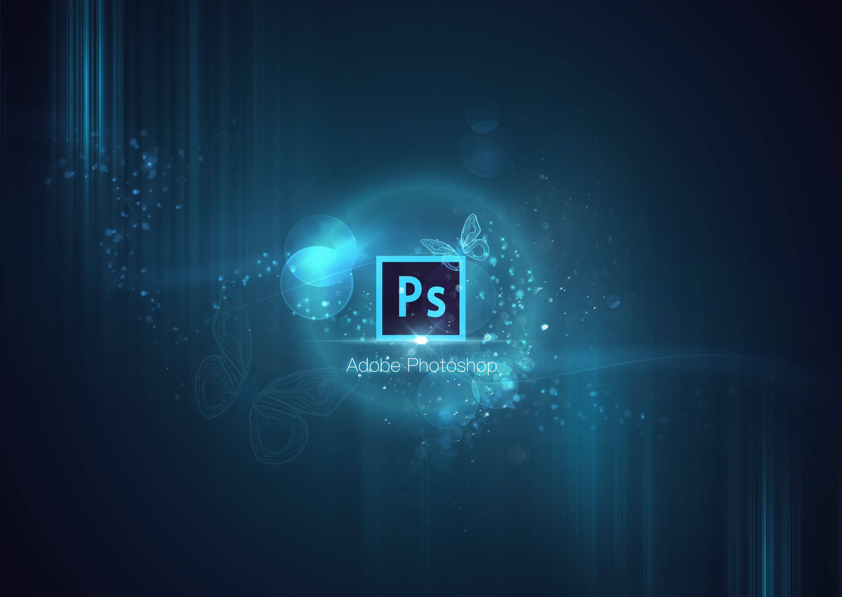 桌布 壁紙 — Adobe Photoshop 標誌在黑暗背景中發出藍光，周圍環繞著蝴蝶和鏡頭光暈。