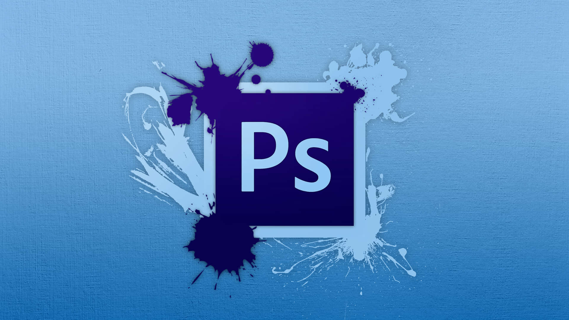 graphic art 桌布 壁紙 — Adobe Photoshop 標誌居中於帶紋理的藍色背景上，周圍有動態的黑白油漆飛濺。