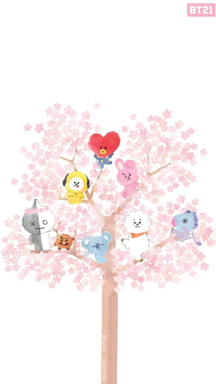 BT21角色坐在櫻花樹上，上方有一顆心。 — Bts 壁紙