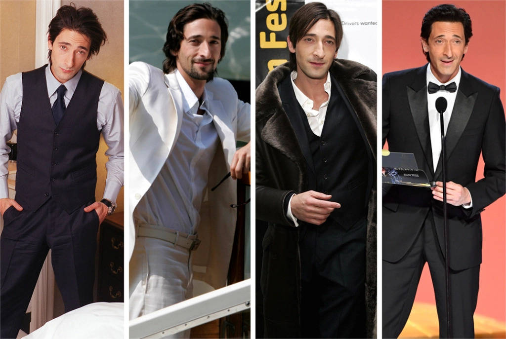 Adrien 桌布 壁紙 — Adrien Brody 以四種時尚姿勢穿著西裝、背心和毛皮大衣，在不同場景中展現風采。