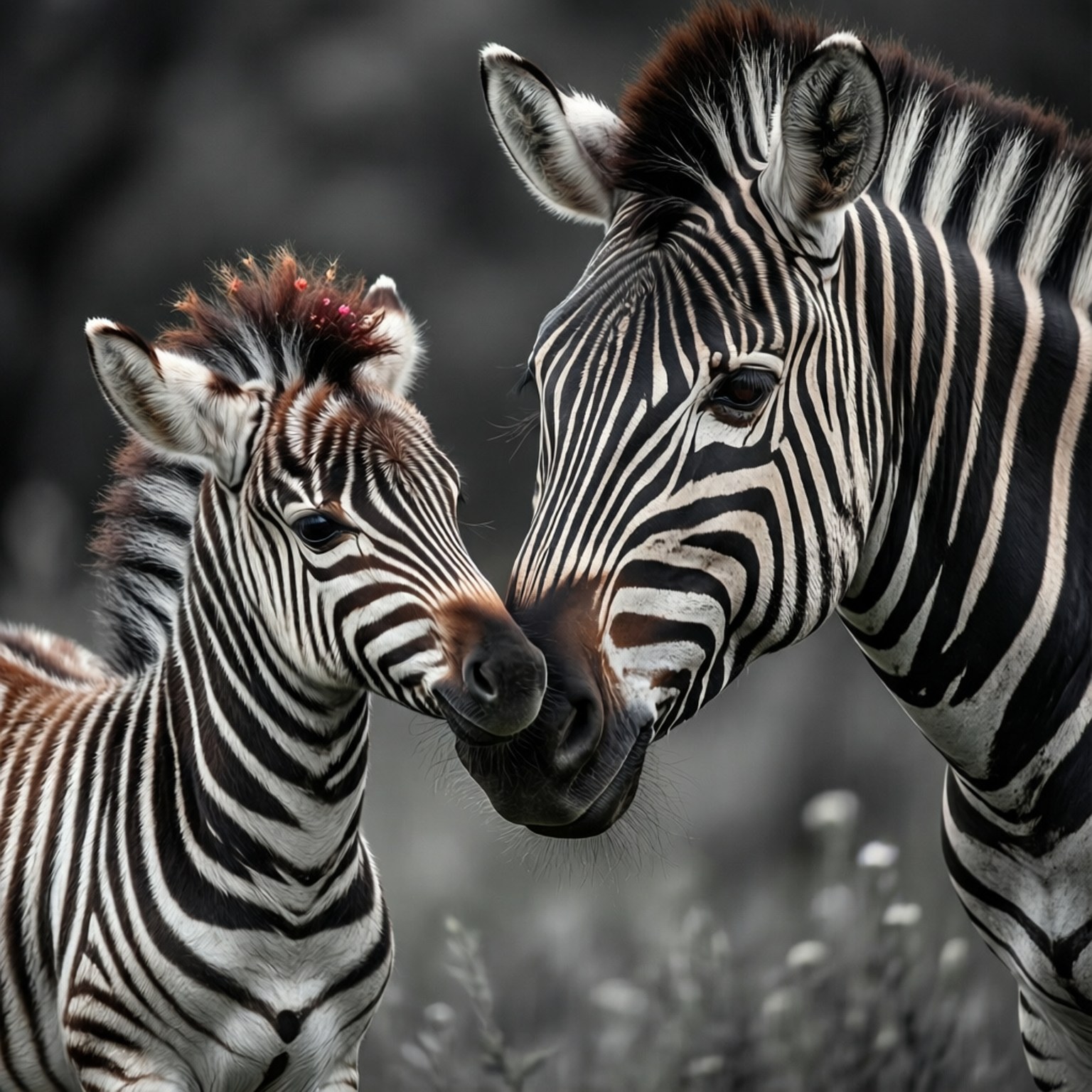 Mother and Foal Bond 壁紙 — 成年斑馬與其幼崽在模糊的自然背景下親密地鼻子碰鼻子的特寫。