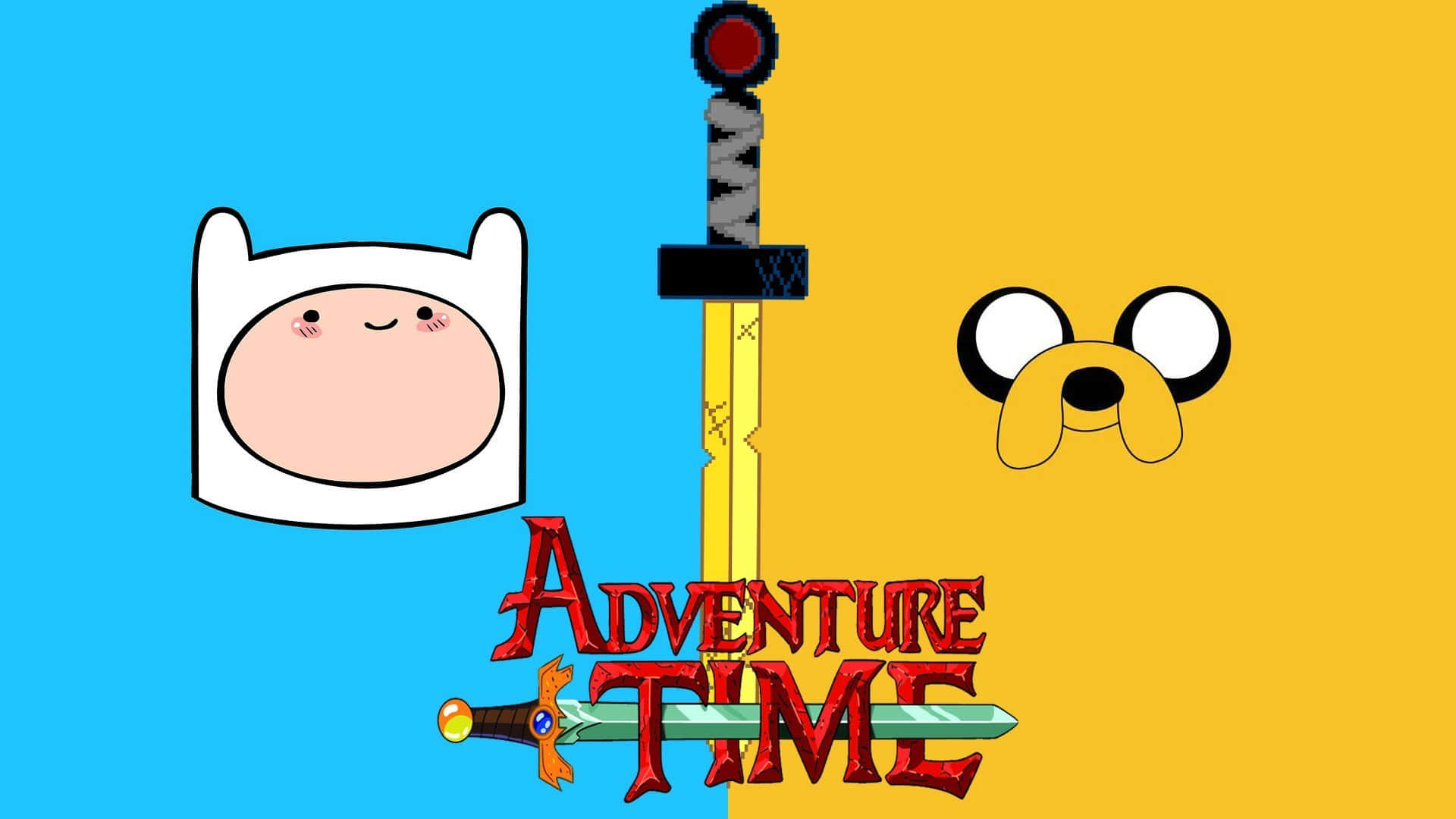  壁紙 — Adventure Time 標誌，芬恩與老皮面孔夾著一把劍，背景為藍色和黃色。