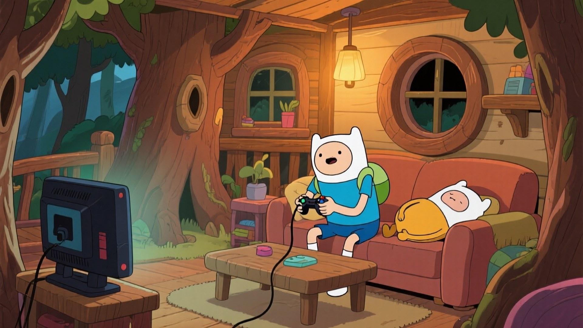 Treehouse Coziness 壁紙 — 探險活寶角色在舒適的樹屋客廳裡一起放鬆玩電子遊戲。