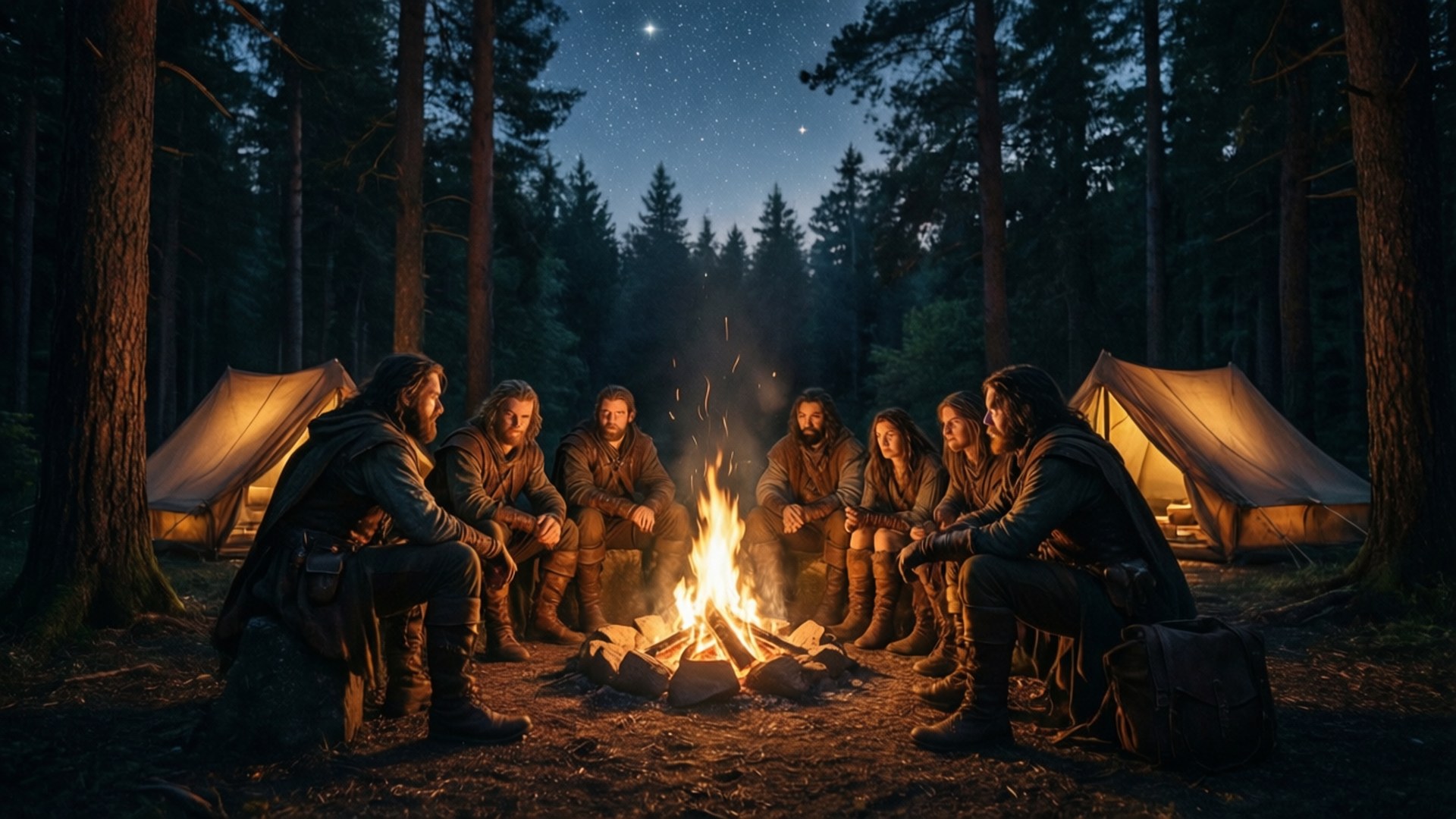 Campfire Tales 壁紙 — 一群冒險者坐在劈啪作響的營火旁，在繁星點點的夜空下，身處茂密的森林中，附近有兩個亮著的帳篷。