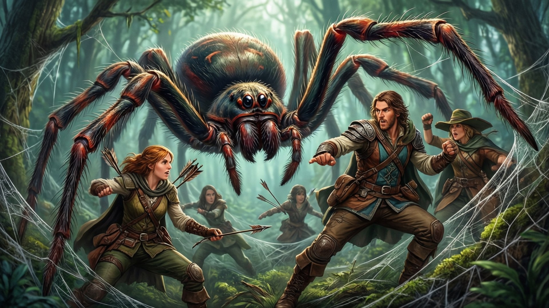 Battle with Giant Spider 壁紙 — 一群奇幻冒險者在一個充滿蜘蛛網的迷霧森林中面對一隻巨大的毛茸茸蜘蛛。