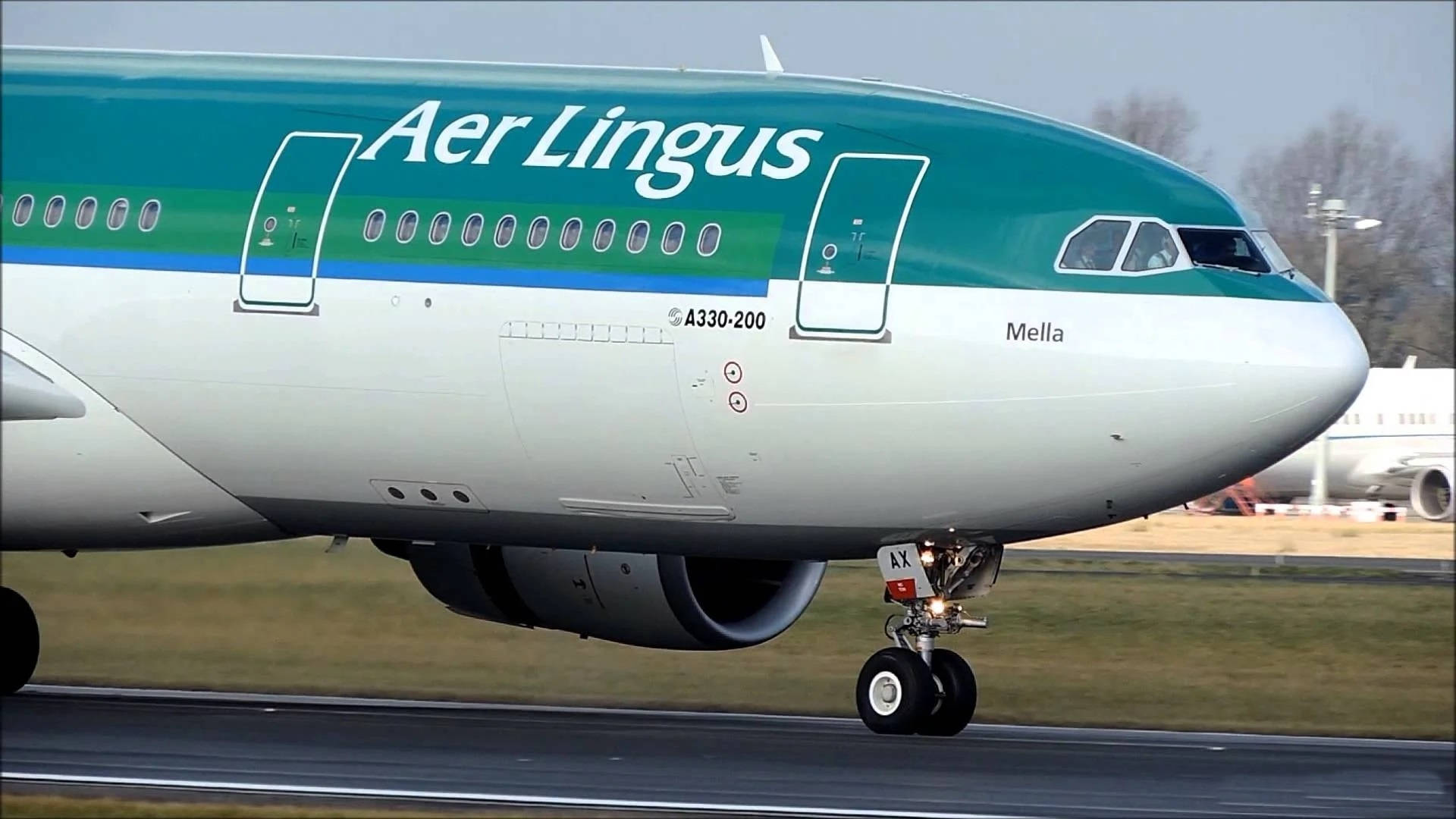 Plane 桌布 壁紙 — Aer Lingus Airbus A330-200 名為 Mella 在跑道上滑行，背景是晴朗天空和光禿樹木。