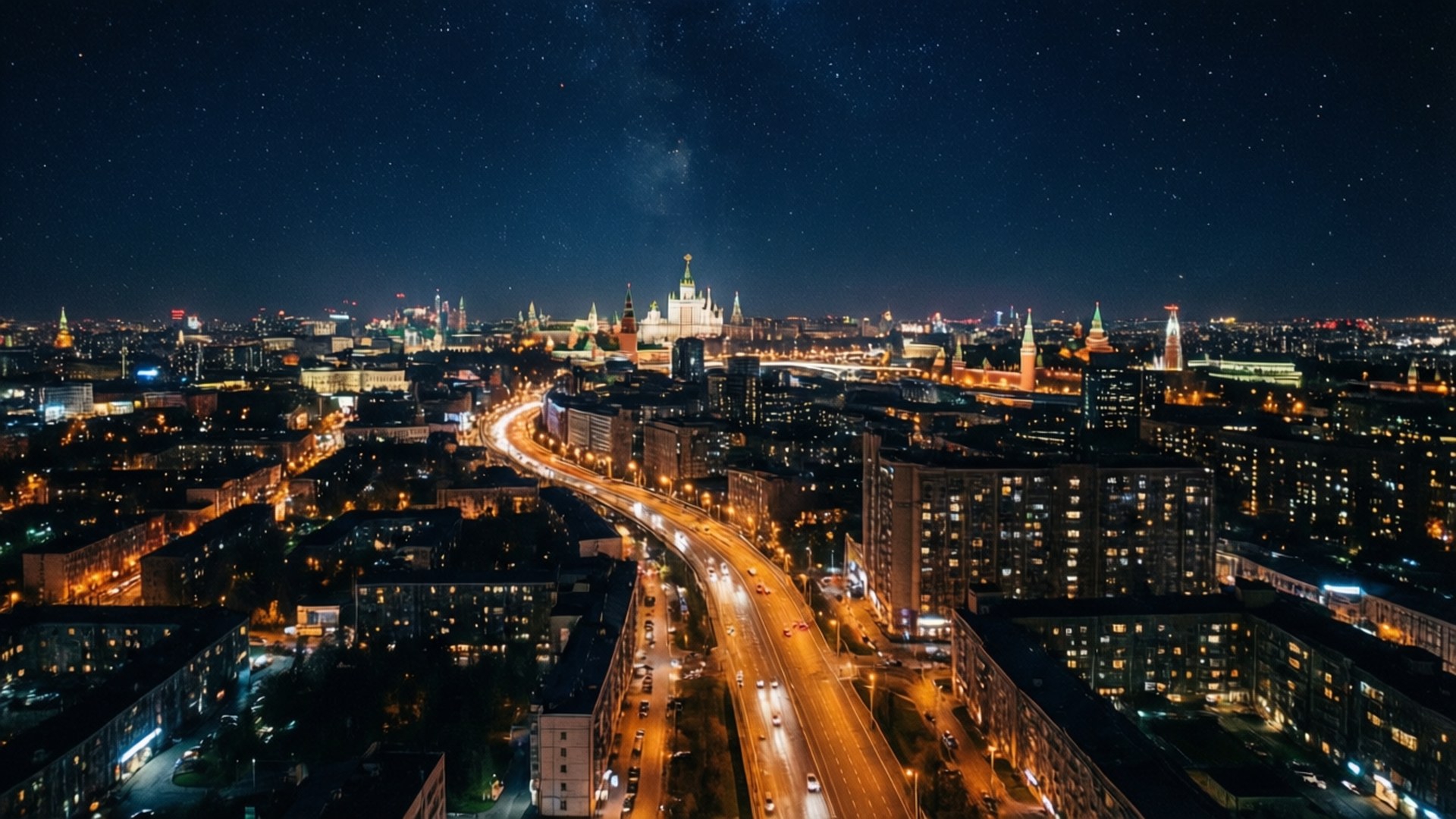 Moscow City Lights 壁紙 — 星空下，閃爍的街道和燈火通明的建築物構成的廣闊城市景觀的空中夜景。