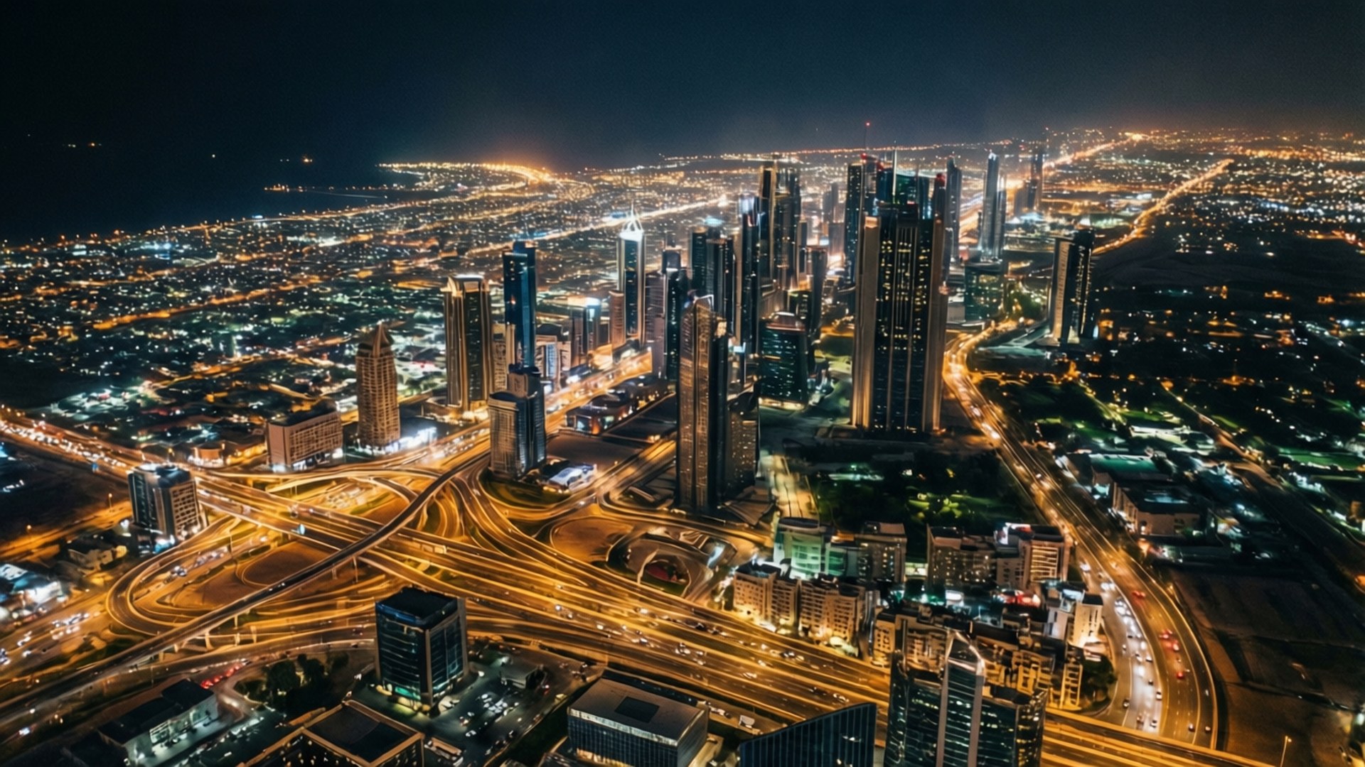 Kuwait City Night Lights 壁紙 — 廣闊城市景觀的夜間鳥瞰圖，閃爍的摩天大樓和複雜的高速公路交匯處。