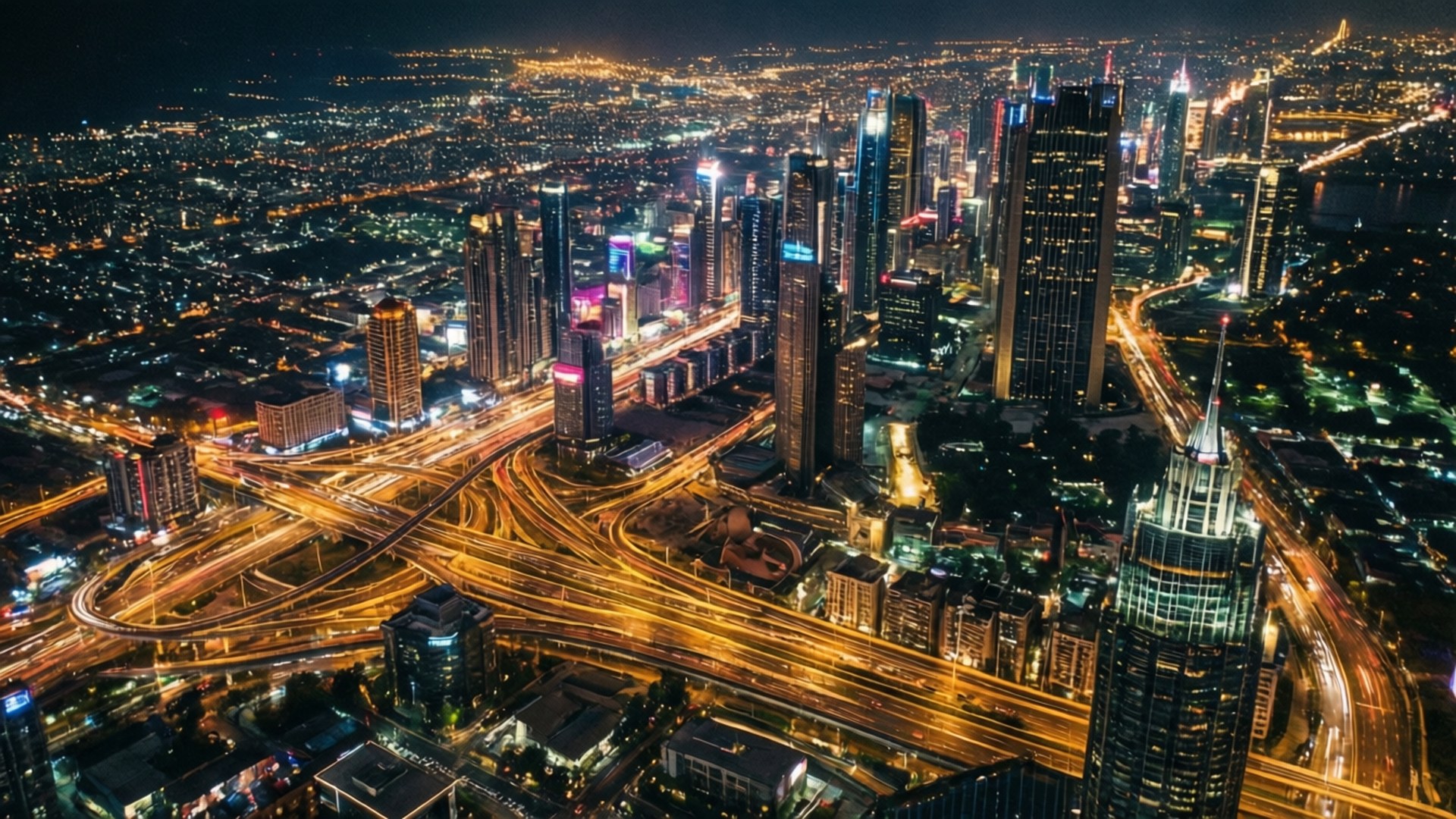 Neon City Pulse 壁紙 — 廣闊城市景觀的夜間航拍，閃爍的摩天大樓和高速公路燈光劃過。