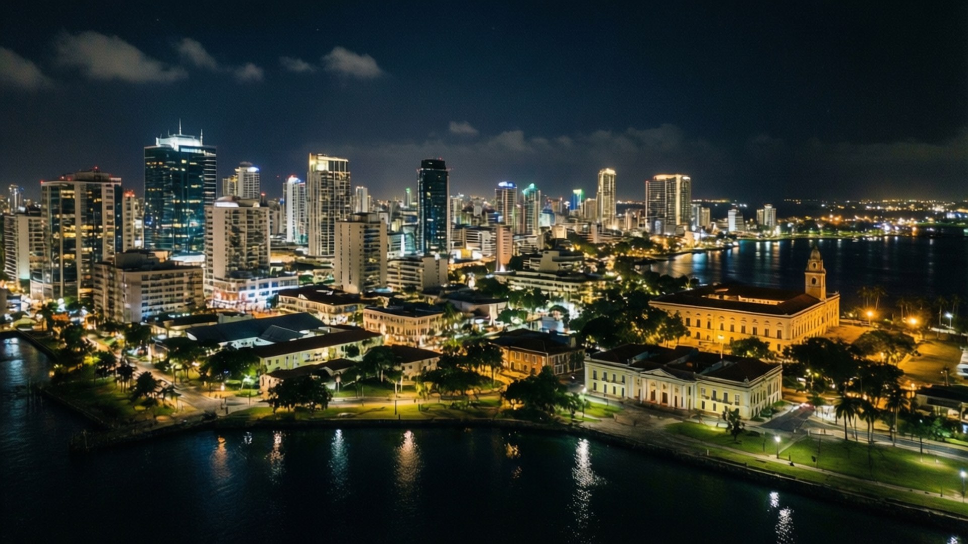 San Juan Night Skyline 壁紙 — 充滿活力的沿海城市夜景鳥瞰圖，閃爍的摩天大樓和歷史建築倒映在黑暗的水面上。