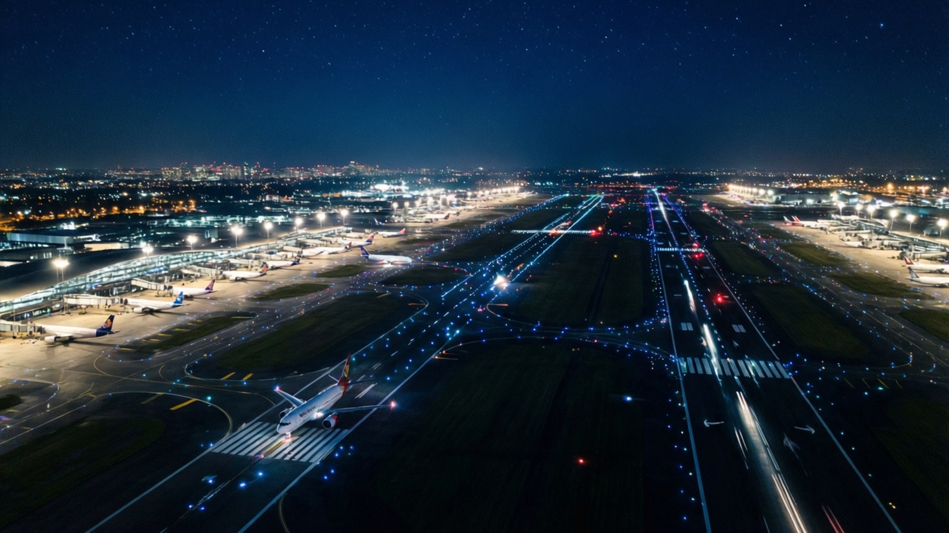 Night Runway Lights 壁紙 — 繁忙機場的夜間鳥瞰圖，跑道燈火通明，停機坪上停著飛機，星空璀璨。