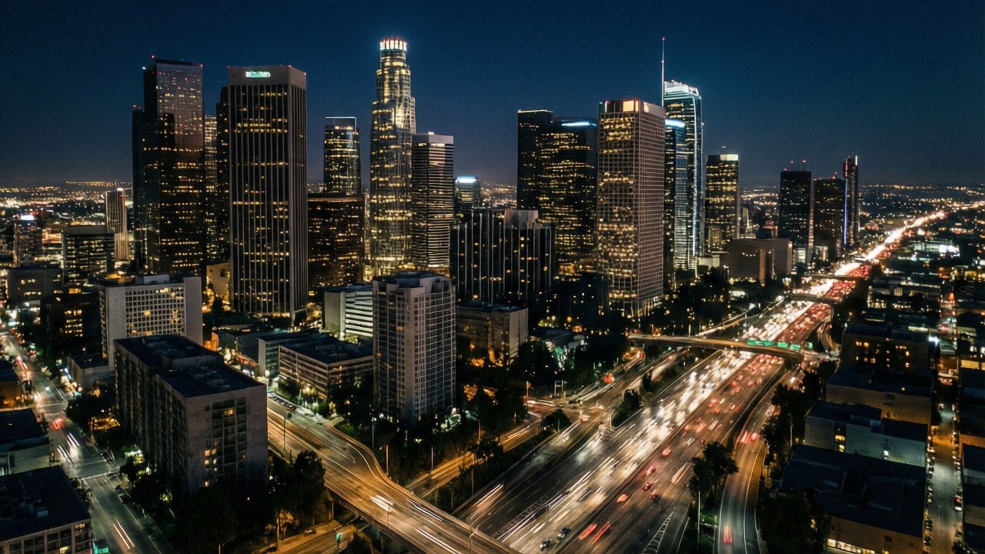 DTLA Night Skyline Tracks 壁紙 — 洛杉磯市中心夜晚的空中景觀，閃爍的摩天大樓和繁忙高速公路的光跡。