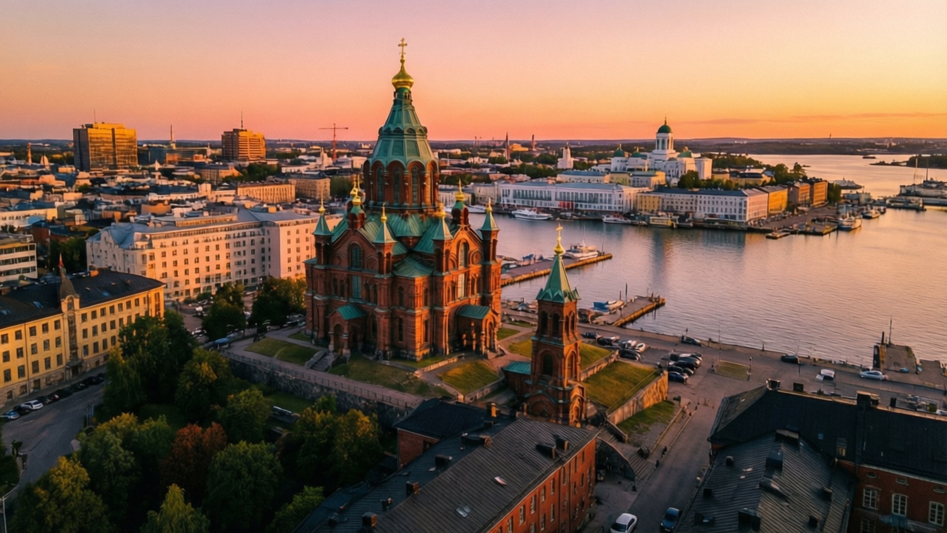 Helsinki Golden Skyline 壁紙 — 赫爾辛基大教堂的空中日落景觀，綠色圓頂俯瞰海濱城市景觀和港口。