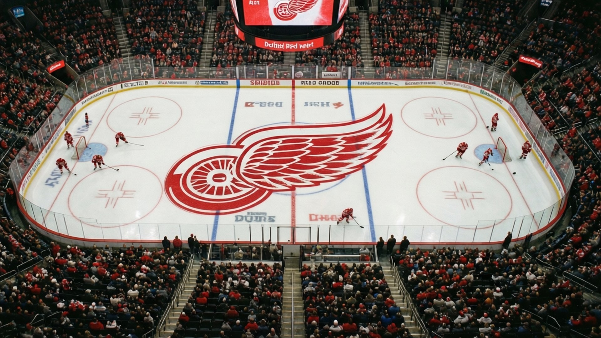 Center Ice Logo 壁紙 — 比賽期間，冰球場上空俯瞰，身穿紅色球衣的球員在底特律紅翼標誌周圍溜冰。