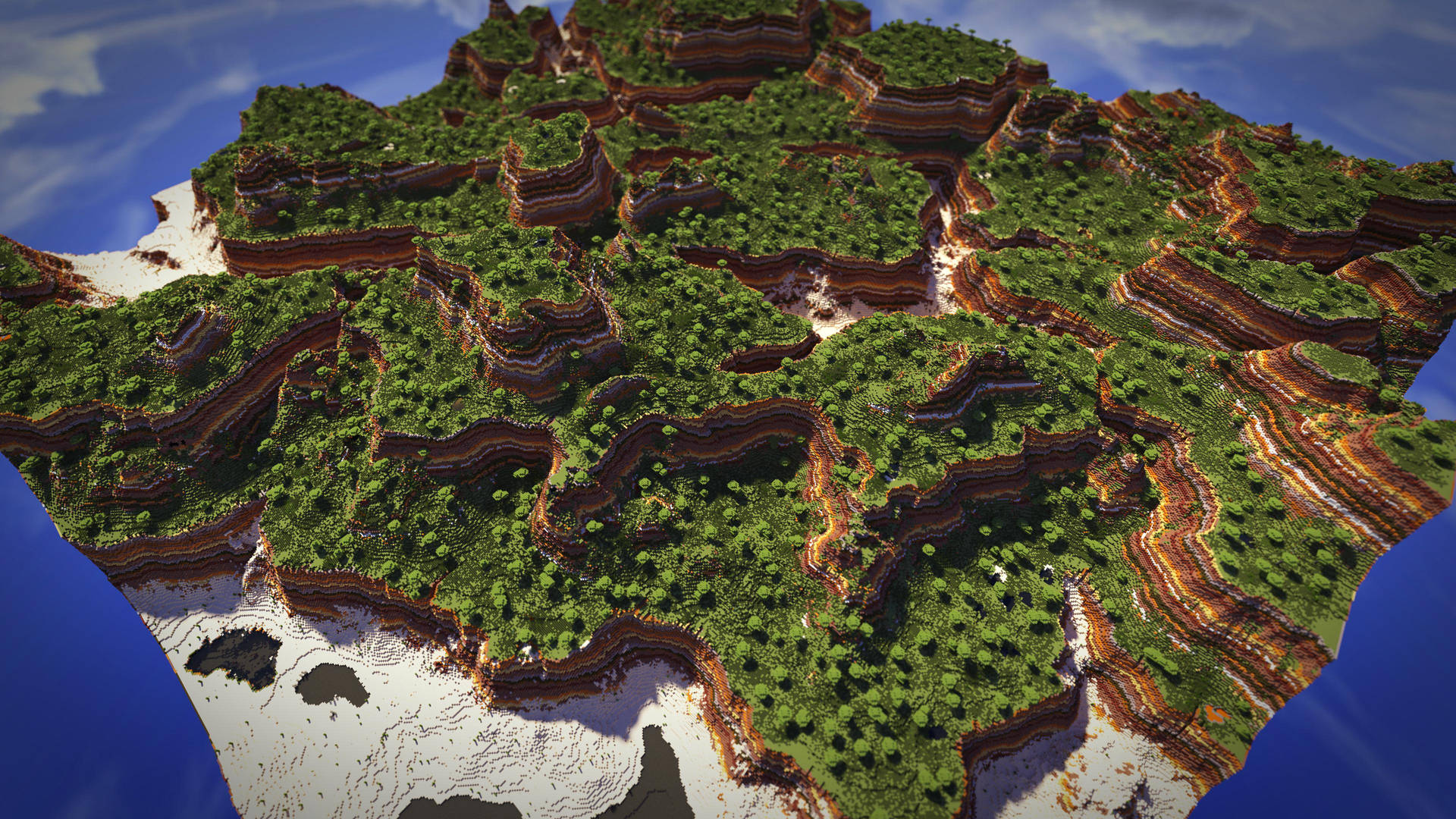 塊狀島嶼，擁有綠色森林和層疊懸崖，被海洋環繞。 — 4K Minecraft 壁紙 壁紙