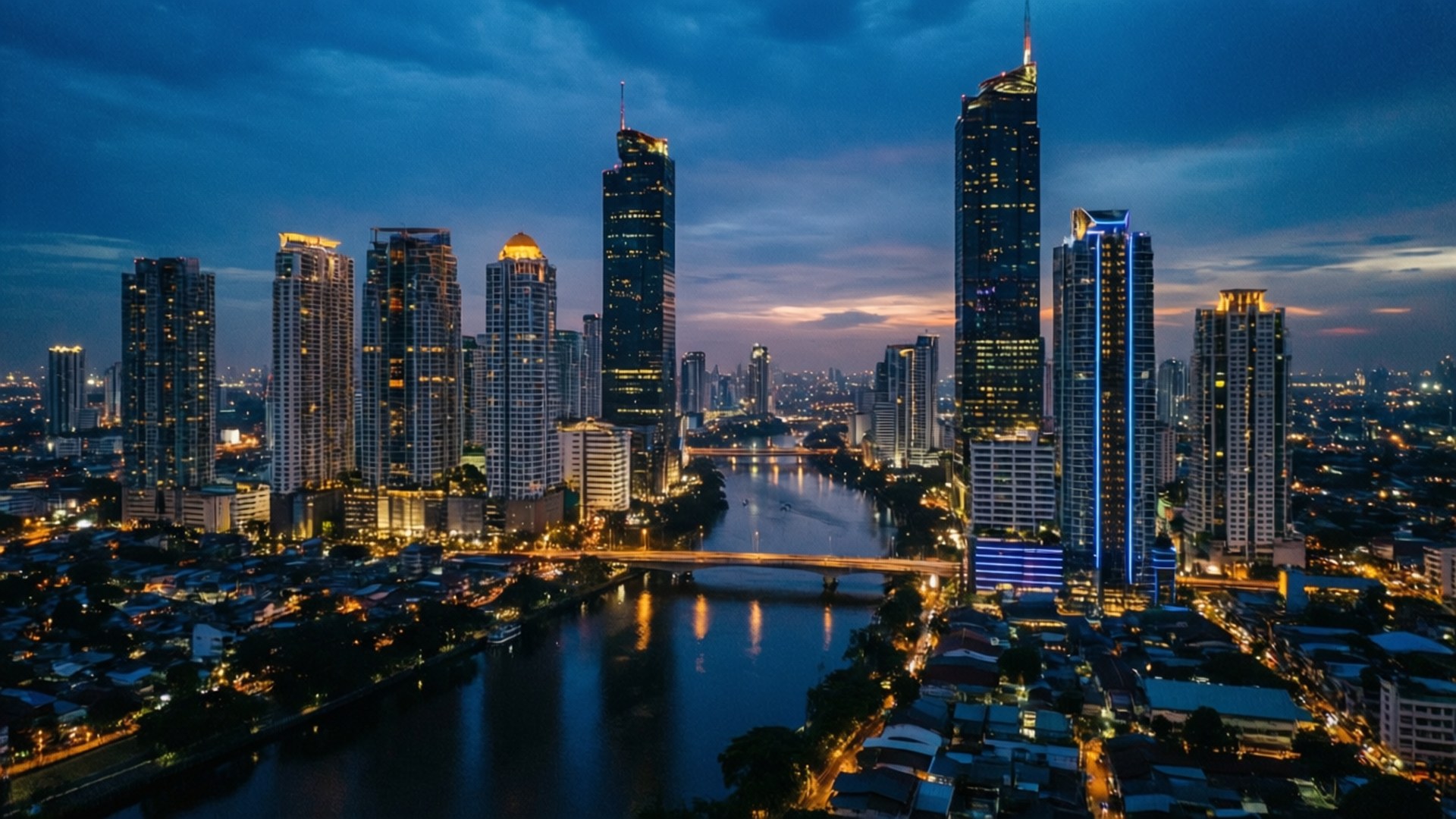 Manila Skyline Twilight 壁紙 — 黃昏時分繁忙城市天際線的鳥瞰圖，高聳的摩天大樓沿著蜿蜒的河流亮起燈光。