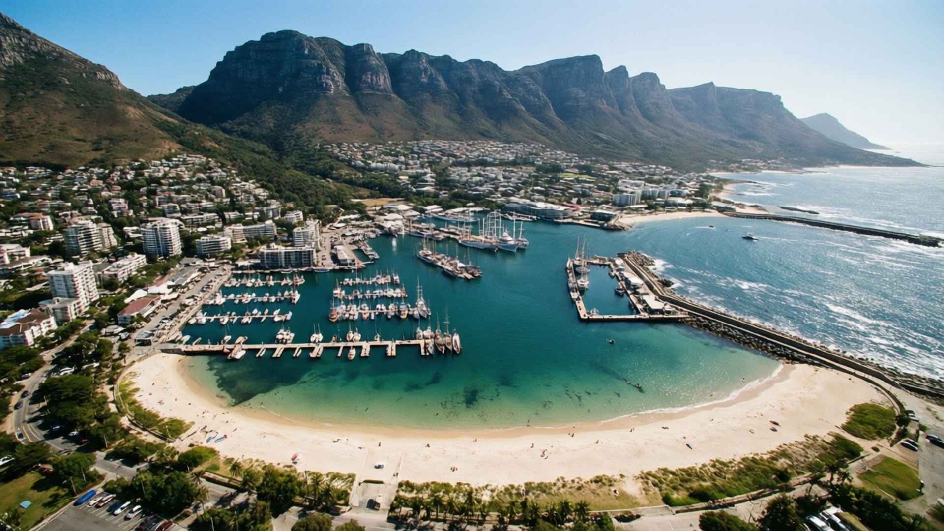 Hout Bay Aerial View 壁紙 — 鳥瞰圖：繁忙的港口坐落在沙灘和翠綠高山之間，天空湛藍清澈。