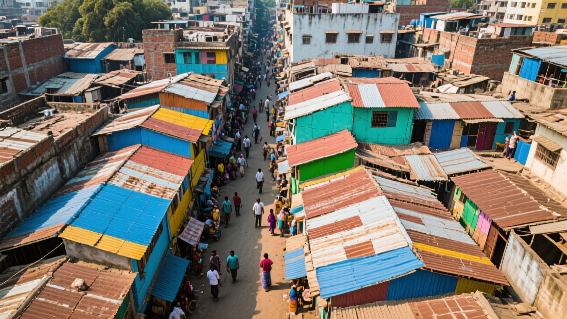 Dharavi Rooftops 壁紙 — 密集城市聚落中一條繁忙狹窄街道的鳥瞰圖，兩旁是色彩繽紛的波紋金屬屋頂。