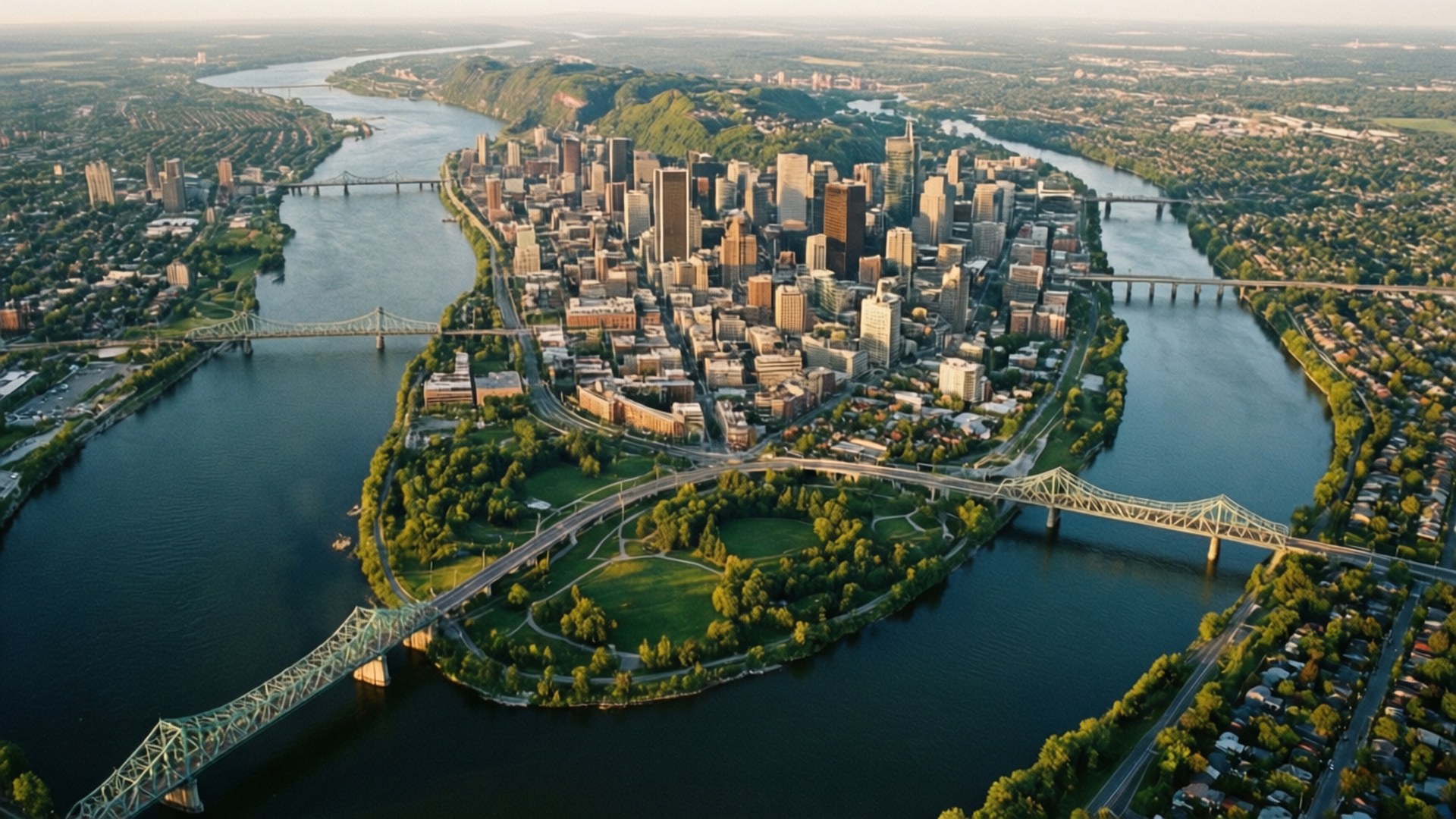 Montreal Island Aerial 壁紙 — 俯瞰一座城市，坐落於蜿蜒河流之間，擁有綠色公園和連接城市區域的鋼橋。