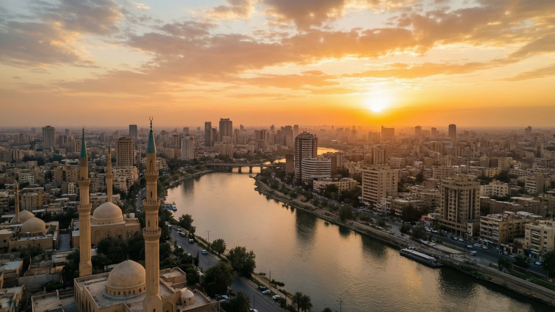 Baghdad Golden Sunset 壁紙 — 日落時分的城市景觀鳥瞰圖，河流蜿蜒穿過建築物，前景是一座帶有高聳宣禮塔的清真寺。