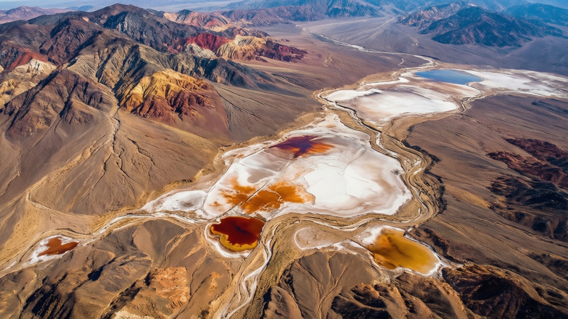 macOS Mojave 桌布 壁紙 — 明亮的日光下，色彩繽紛的礦物湖蜿蜒穿過崎嶇山脈的沙漠鳥瞰圖。
