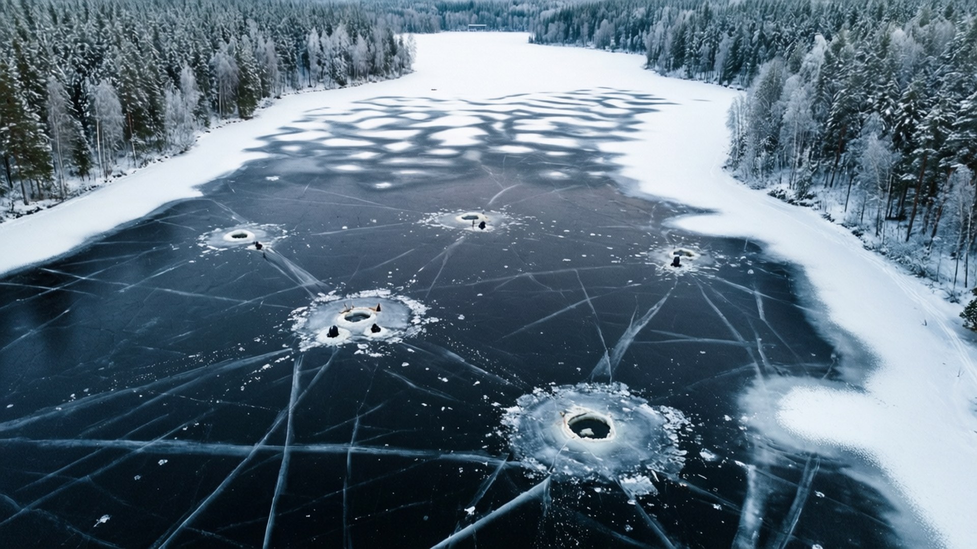 Finland 桌布 壁紙 — 被白雪覆蓋的松樹林環繞的冰凍湖面空拍圖，呈現複雜的冰裂紋和圓形孔洞，露出深色湖水。