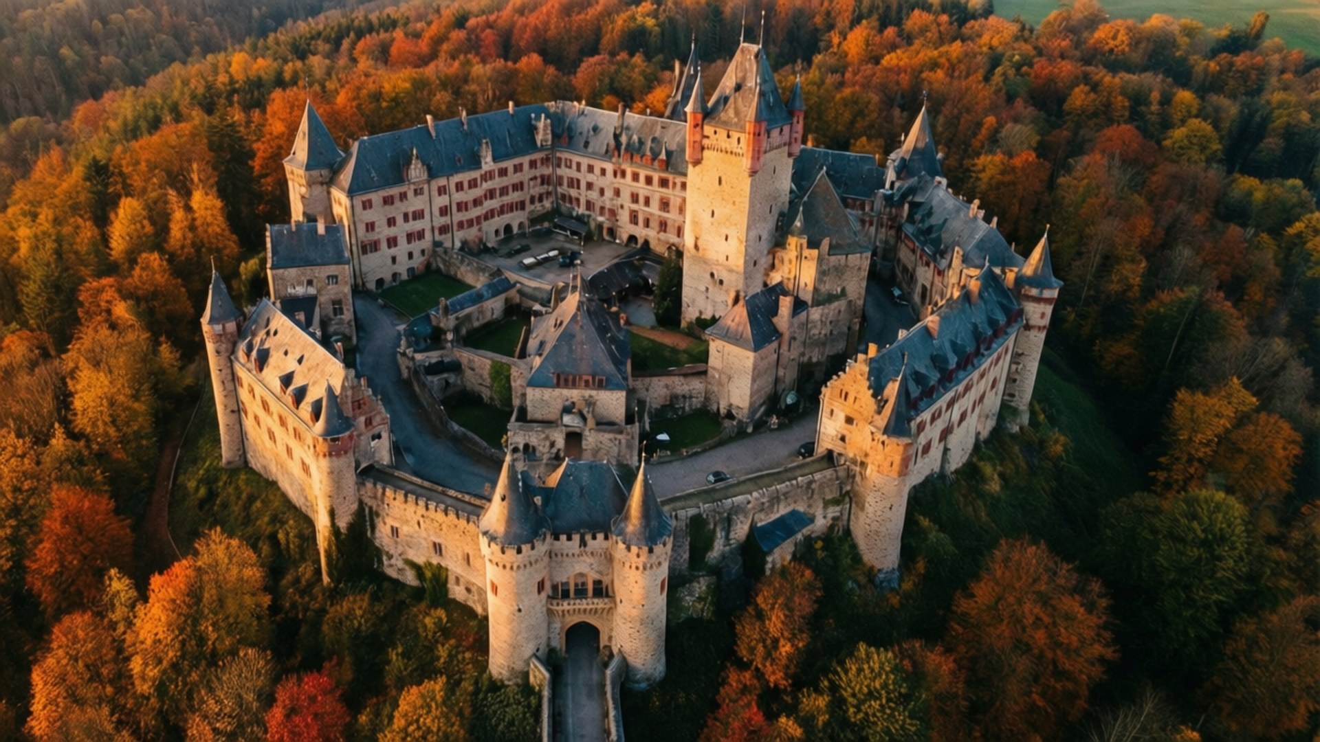 Aerial Castle Autumn 壁紙 — 金色時刻，一座宏偉的石頭城堡被充滿活力的秋日森林環繞的鳥瞰圖。