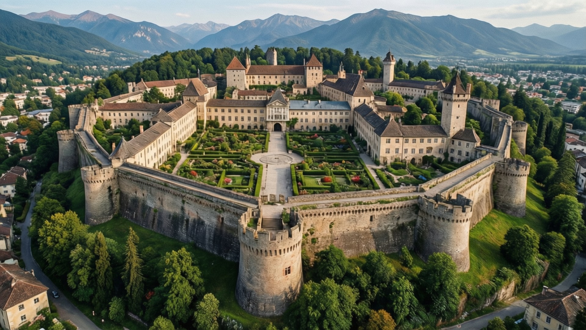 Aerial View of Castle Complex 壁紙 — 一座宏偉的石城堡，帶有塔樓和城牆，環繞著一個正式花園，背景是起伏的綠色山丘和遠處的山脈的鳥瞰圖。