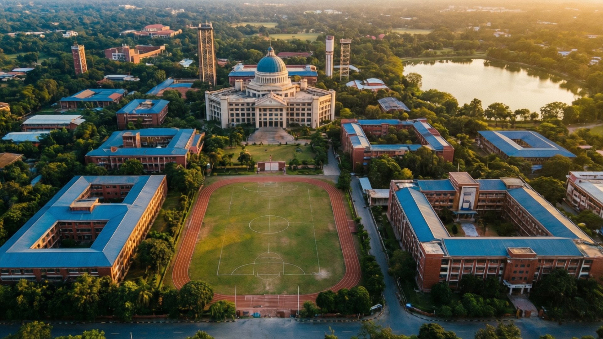 National Defence Academy 桌布 壁紙 — 黃金時刻的宏偉大學校園鳥瞰圖，中央圓頂建築被學術建築和綠色足球場環繞。