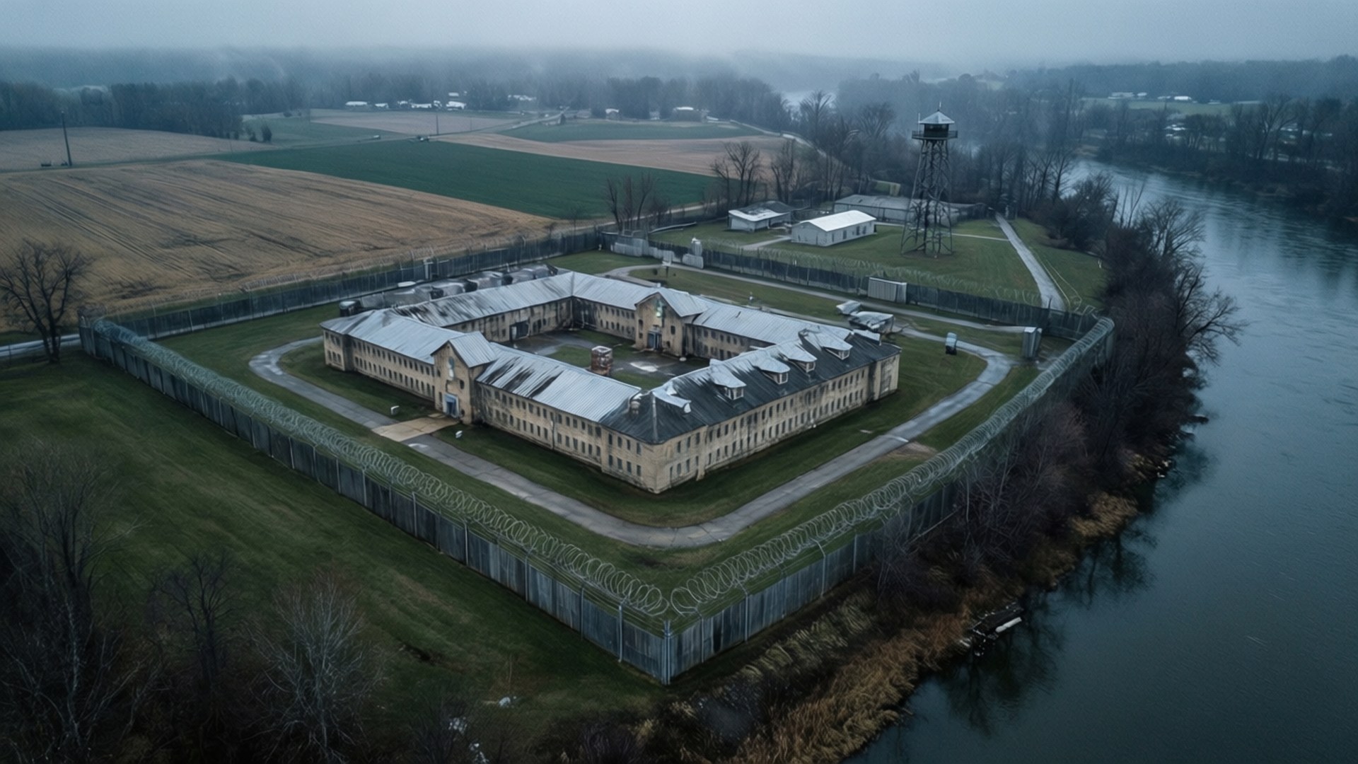 Fox River Aerial 壁紙 — 鳥瞰圖顯示一個大型米色監獄建築群，周圍有鐵絲網圍欄，一側有河流，天空多雲。