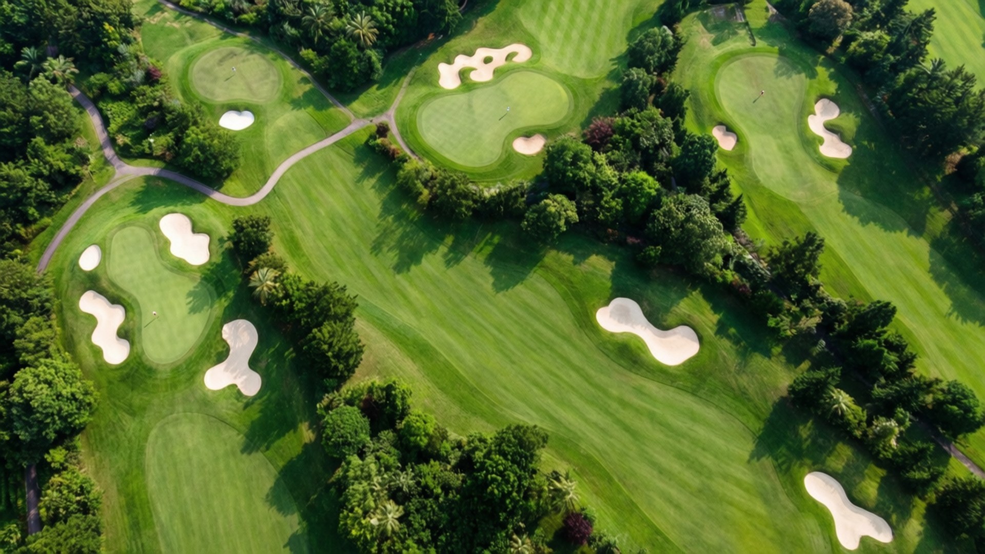 Aerial Golf Geometry 壁紙 — 俯瞰鬱鬱蔥蔥的高爾夫球場，蜿蜒的小徑和沙坑隱藏在茂密的樹木中。