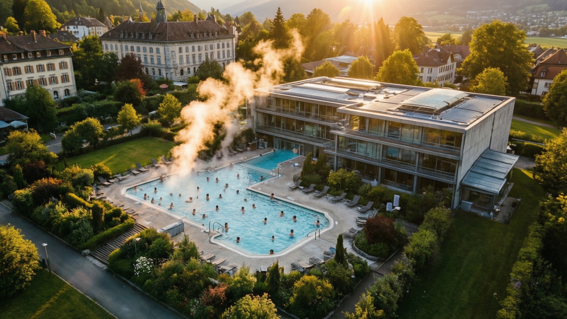 Yverdon Les Bains 桌布 壁紙 — 豪華度假村泳池在黃金時刻冒著蒸氣的鳥瞰圖，客人游泳，周圍環繞著茂密的綠植和歷史建築。