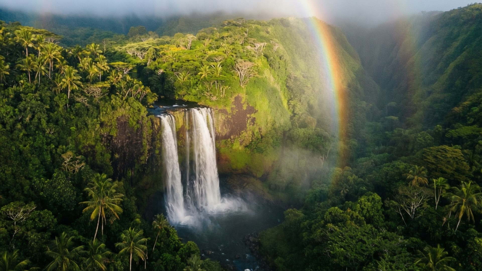 Hawaiian Waterfall Valley 壁紙 — 從高空俯瞰雄偉瀑布穿過茂密綠色叢林，一道鮮豔彩虹拱起於霧氣繚繞的懸崖之上。