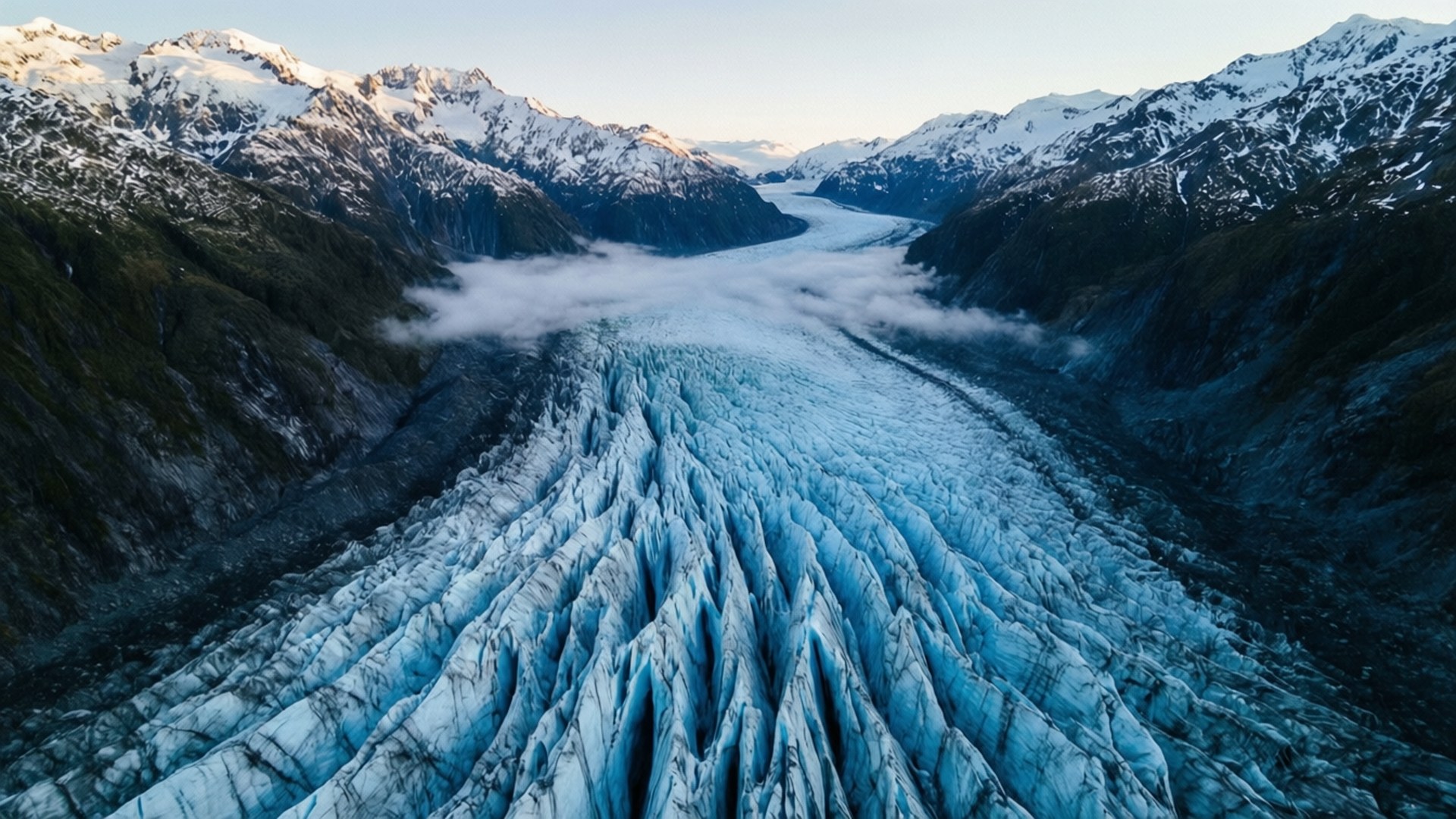 Franz Josef Ice 壁紙 — 從高空俯瞰，巨大的藍色冰川蜿蜒穿過白雪覆蓋的山脈，下方雲霧繚繞。