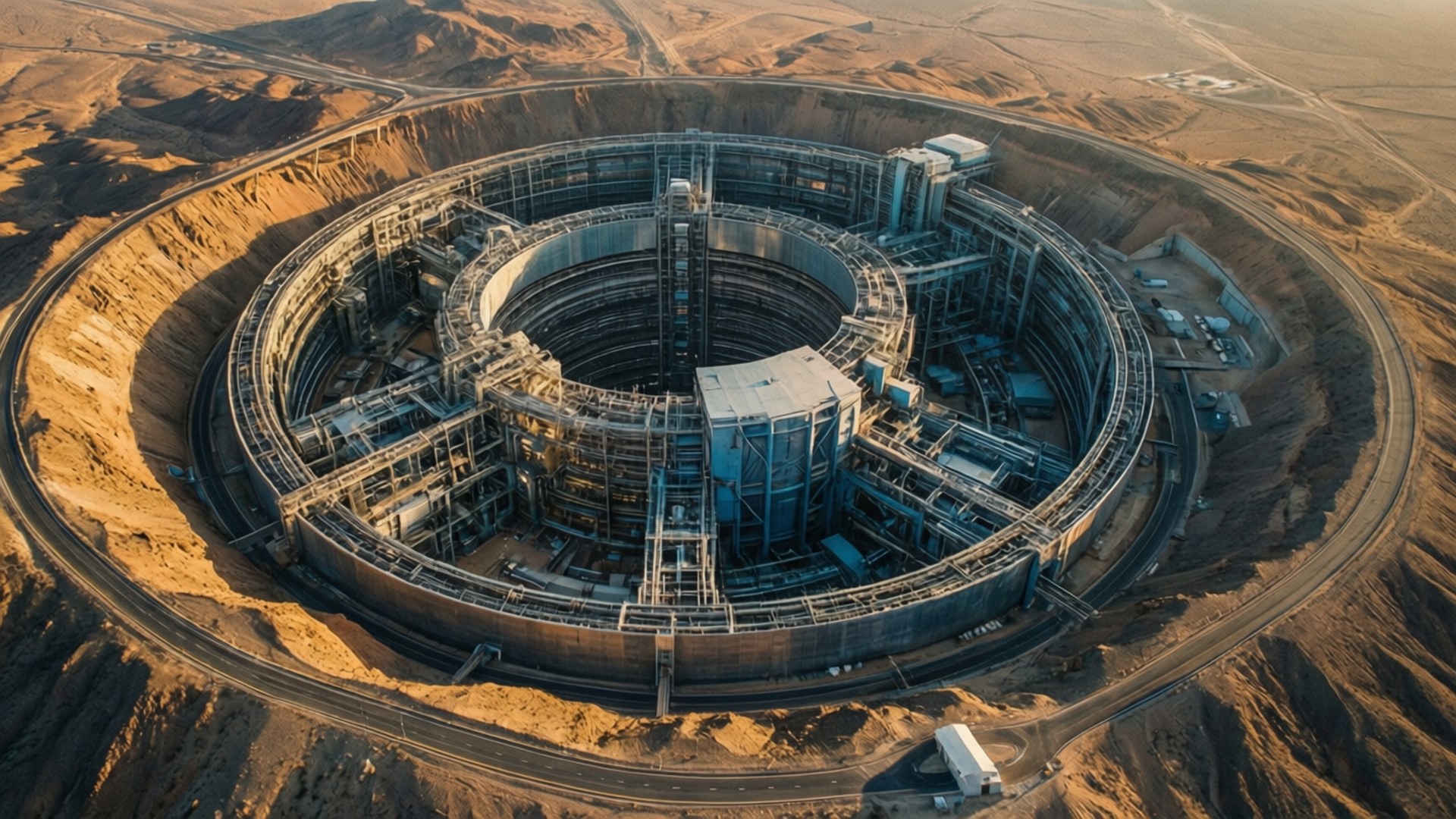 Particle Accelerator 桌布 壁紙 — 黃金時刻沙漠峽谷中雕刻的巨大圓形工業設施的鳥瞰圖。