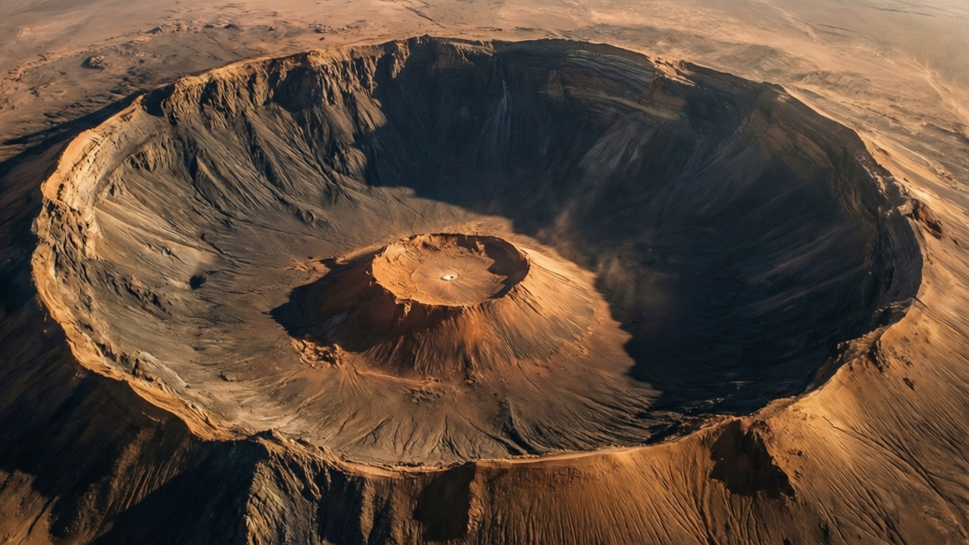 Martian Impact Crater 壁紙 — 一個巨大沙漠隕石坑的鳥瞰圖，擁有陡峭的梯田狀牆壁和一個中央土丘，沐浴在金色的日落光線中。