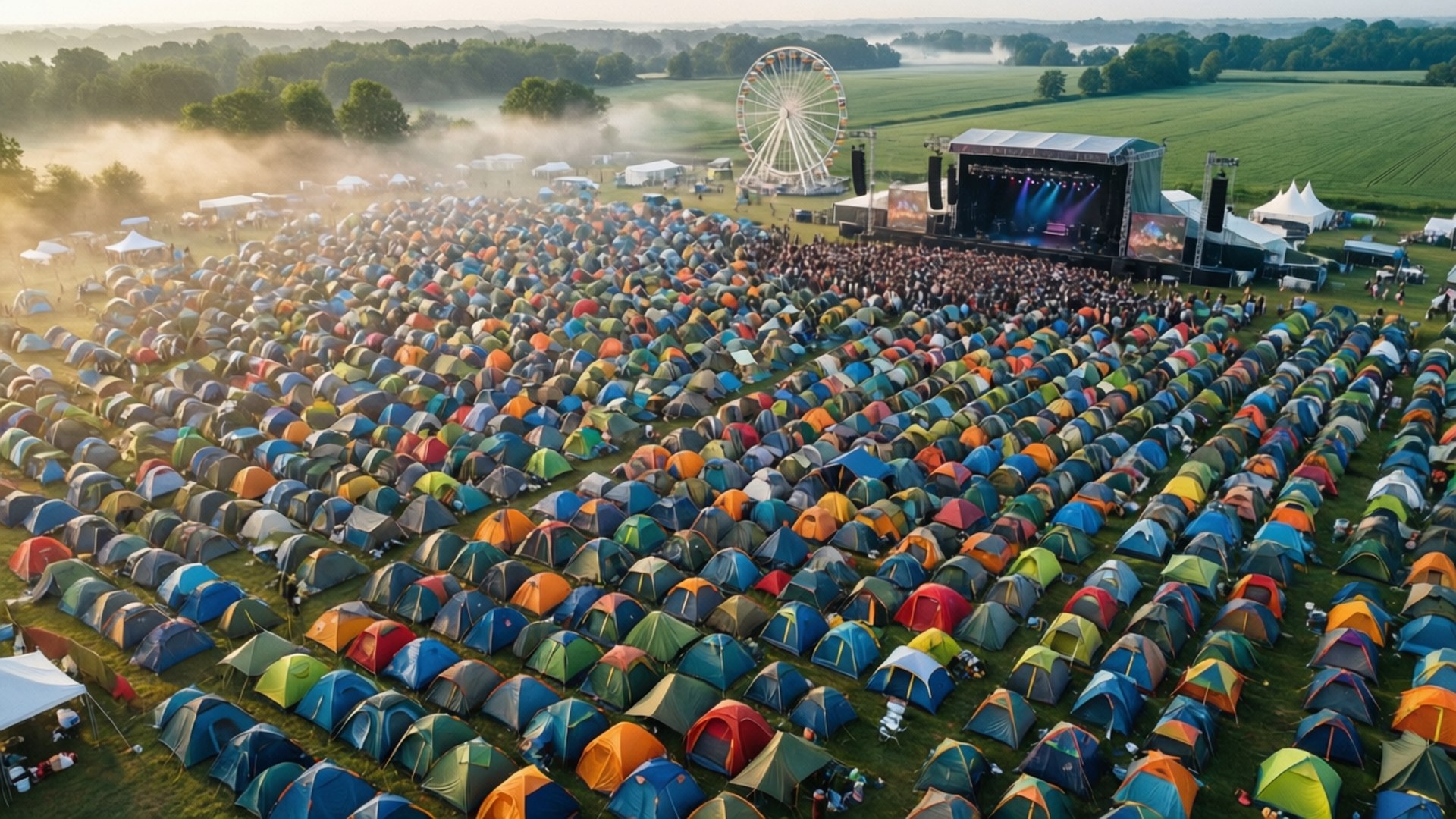 Southside Festival 桌布 壁紙 — 霧氣籠罩的晨光下，舞台和摩天輪附近一個大型節日場地佈滿色彩繽紛帳篷的鳥瞰圖。