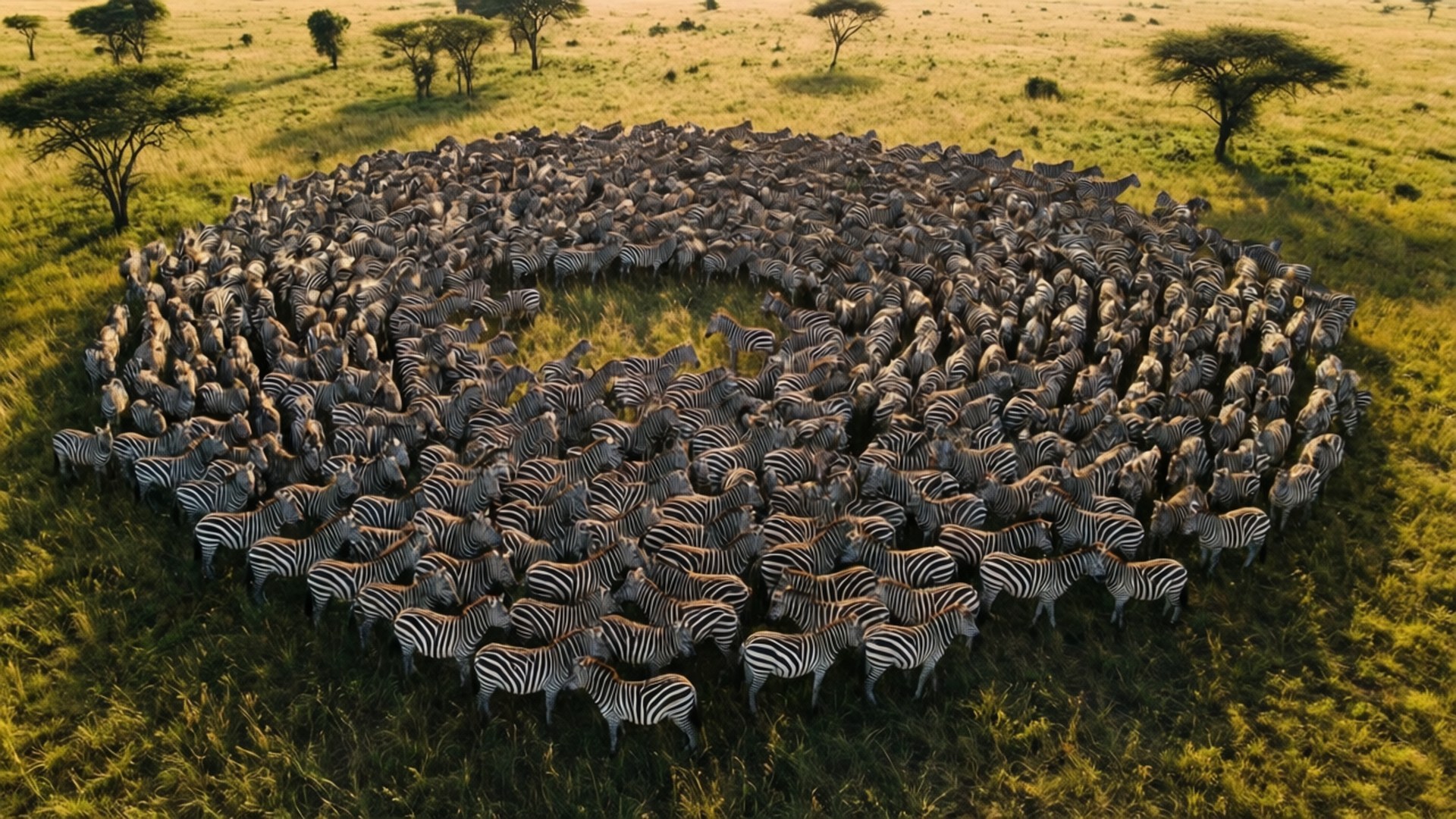 Herd Patterns from Above 壁紙 — 從高空俯瞰，一大群斑馬在溫暖陽光下的金色草原上形成緊密的圓圈。