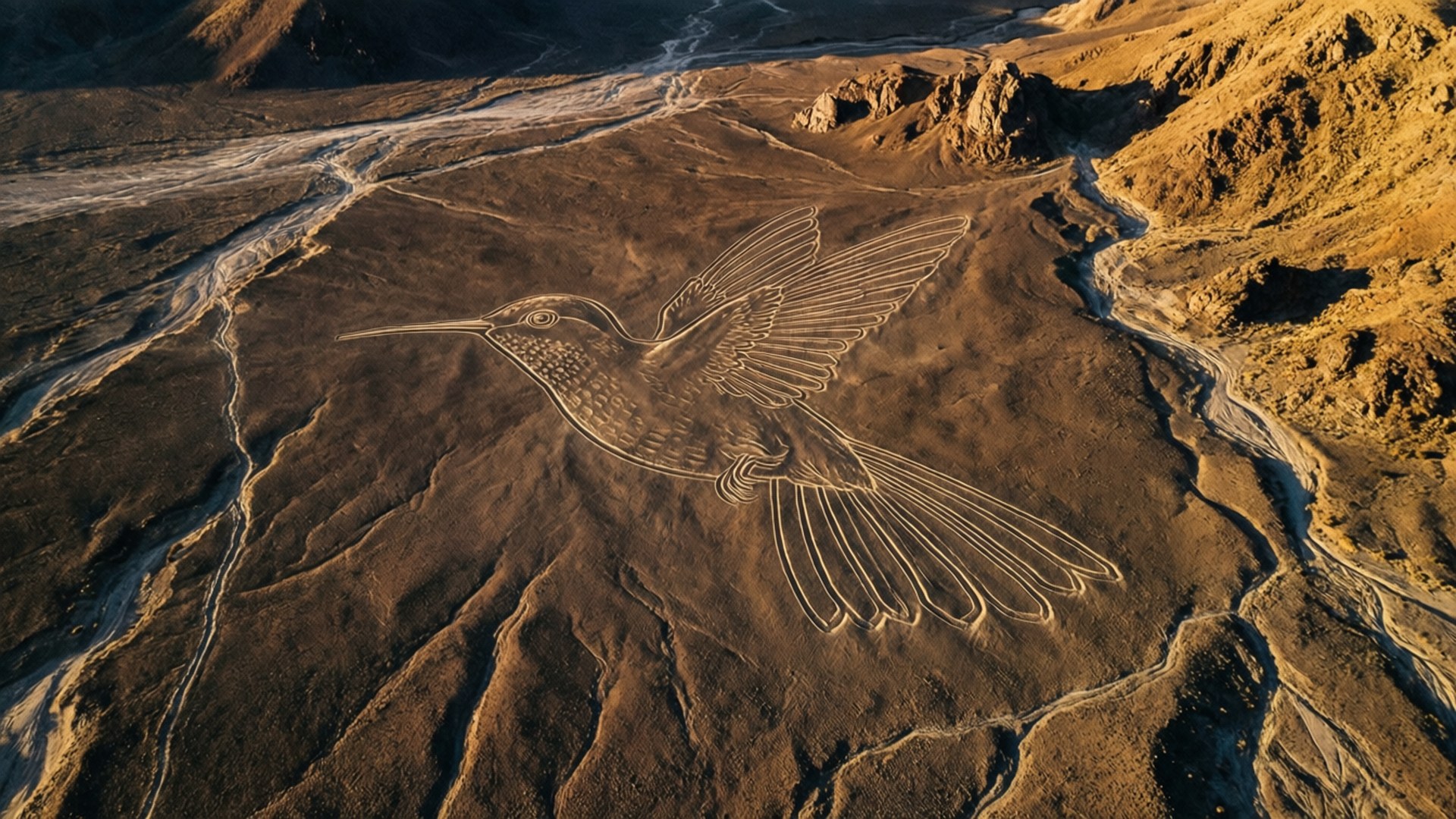 Nazca Lines Hummingbird 壁紙 — 日落時分，金色沙漠地形上刻有巨大蜂鳥地畫的鳥瞰圖。