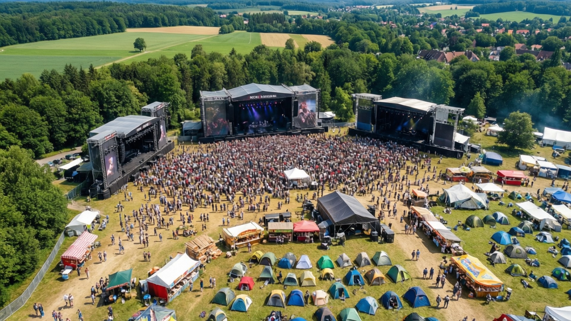 Rock Im Park 桌布 壁紙 — 大型戶外音樂節的鳥瞰圖，人群在森林和田野環繞的大型舞台下跳舞。