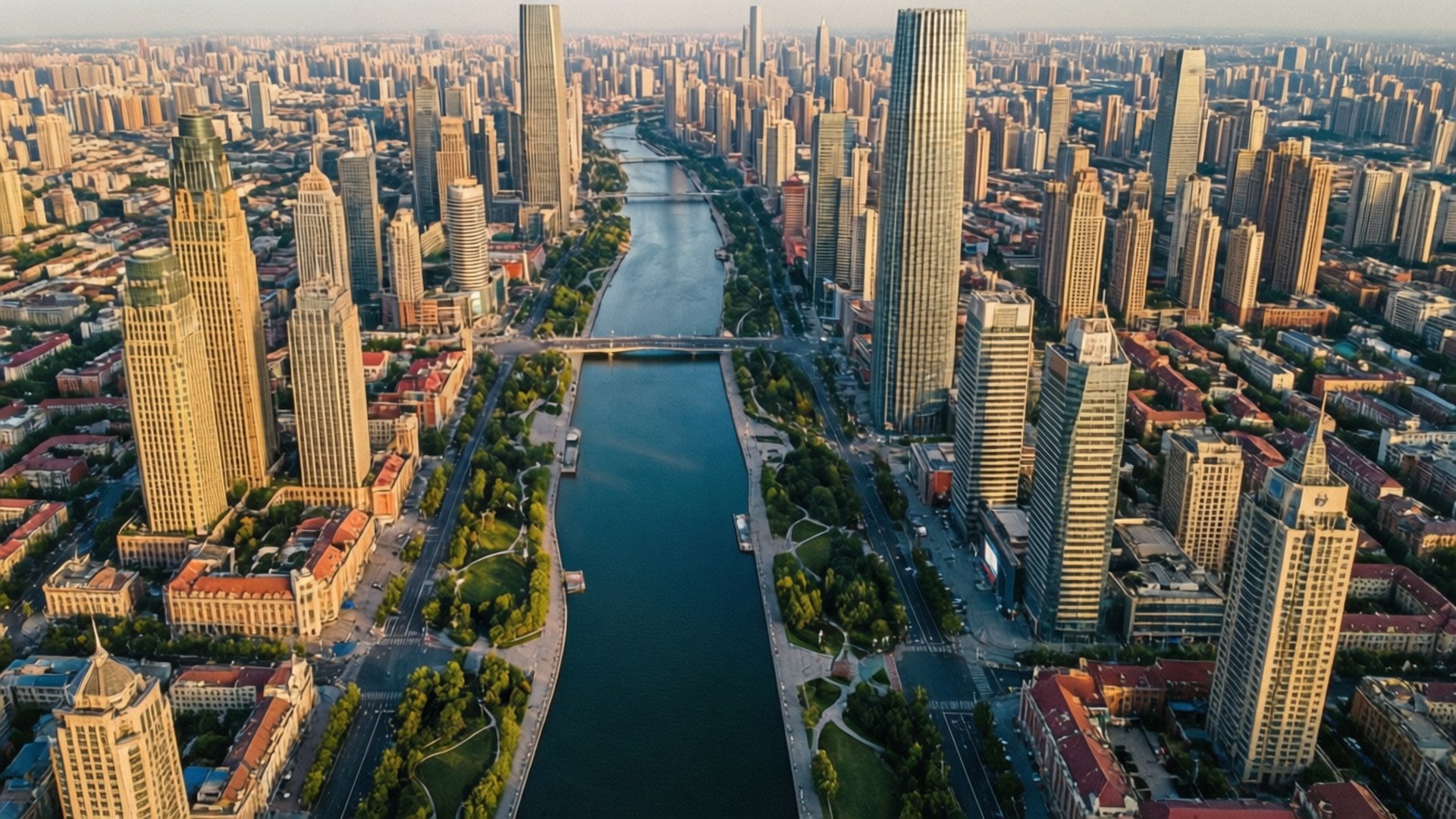 Tianjin Cityscape Aerial 壁紙 — 現代城市景觀的鳥瞰圖，高聳的玻璃摩天大樓兩旁是寬闊的河流，兩岸有綠色公園和橋樑。