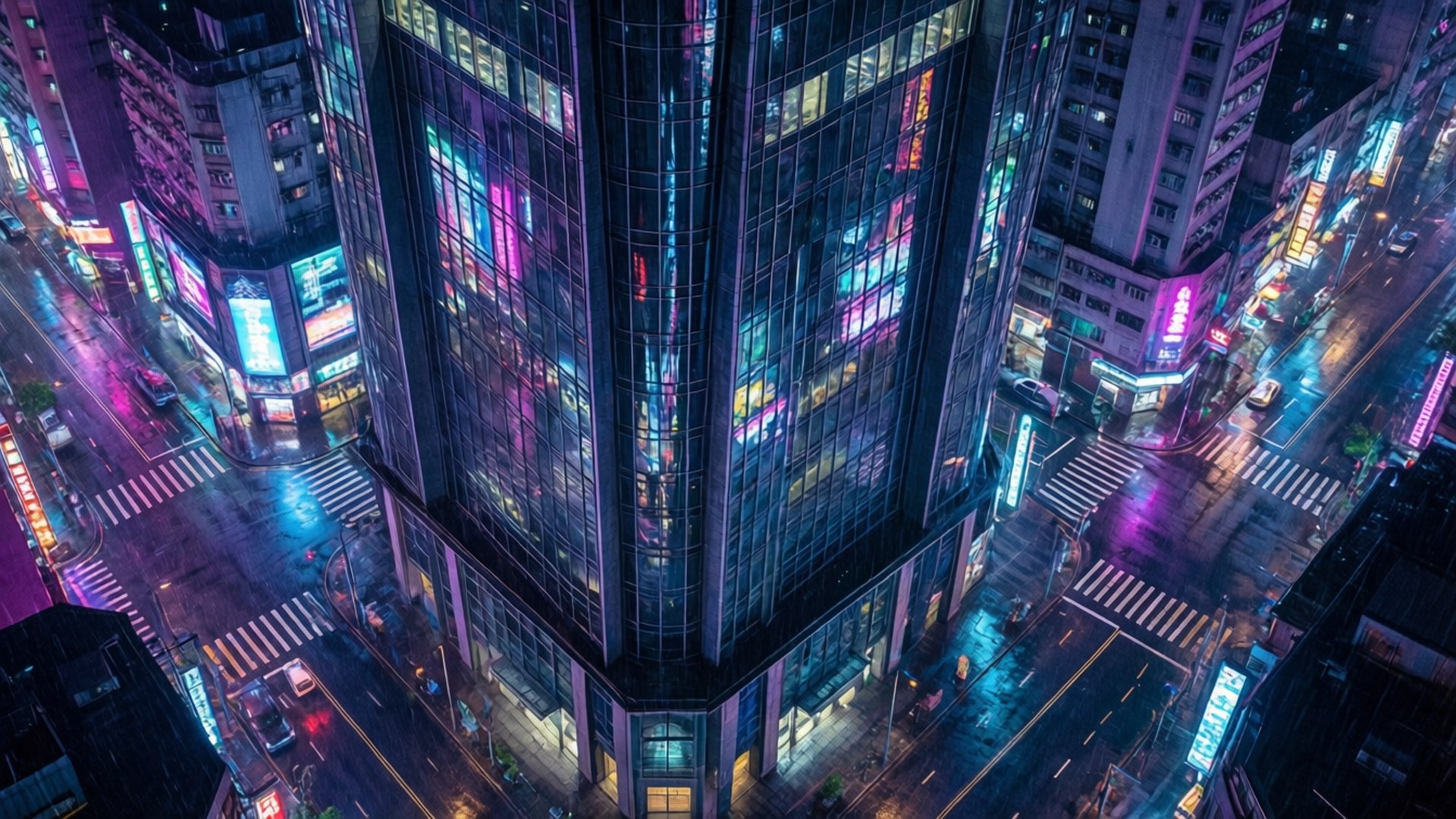 Neon Skyscraper Night 壁紙 — 雨夜中霓虹燈照亮城市的街道鳥瞰圖，發光招牌在濕漉漉的路面上反射。